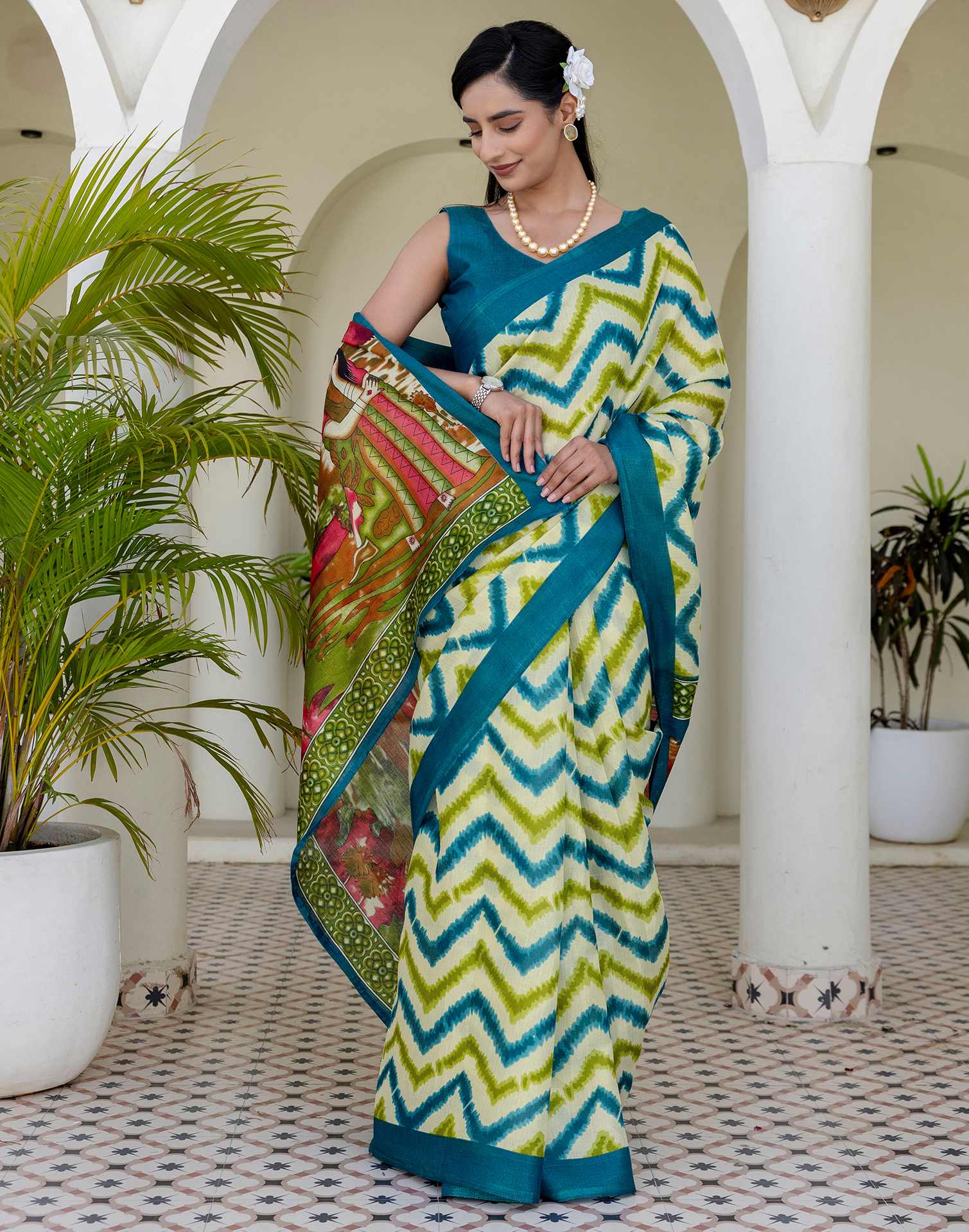 Beige Khadi Printed Saree - Image 9