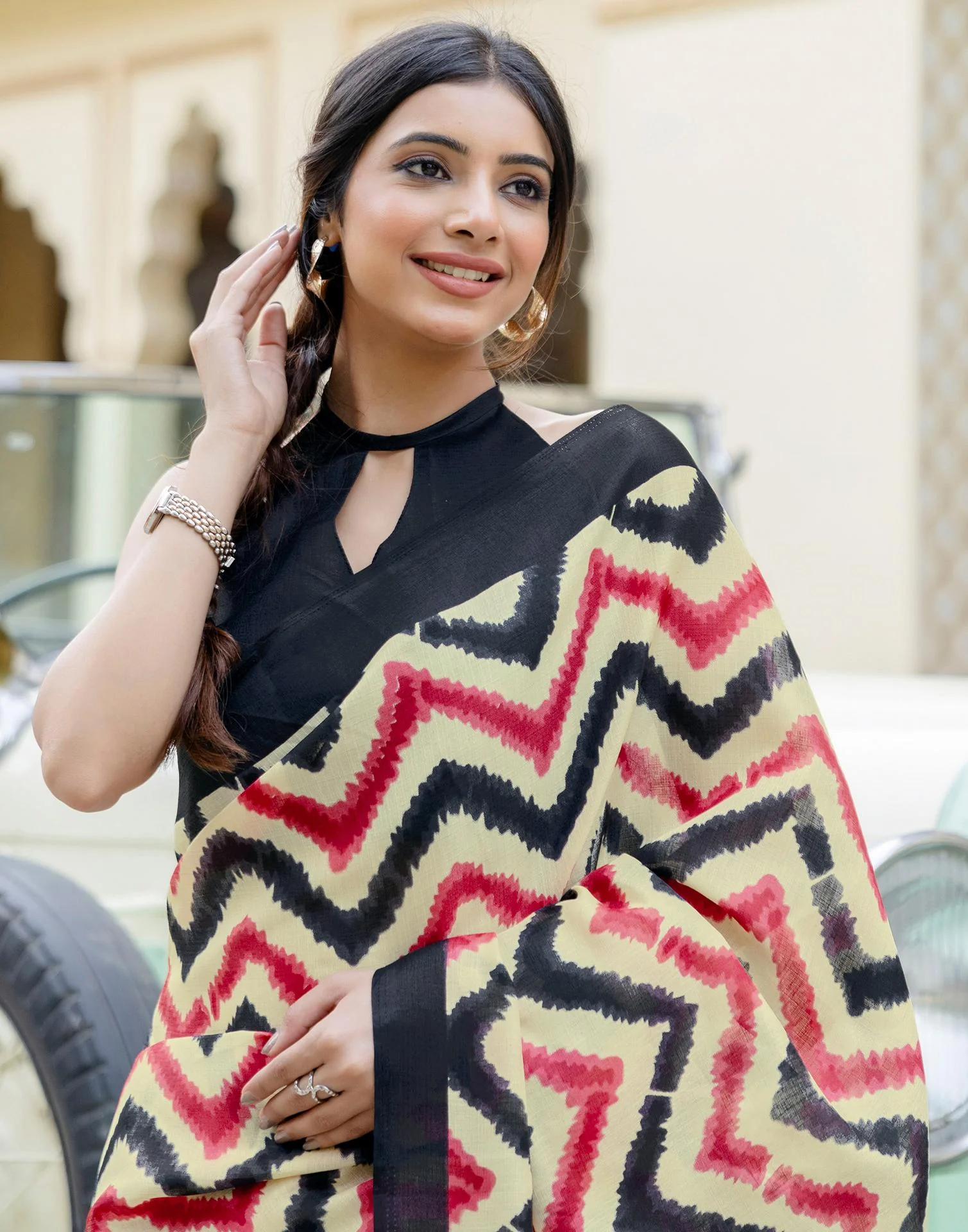 Beige Khadi Printed Saree - Image 2