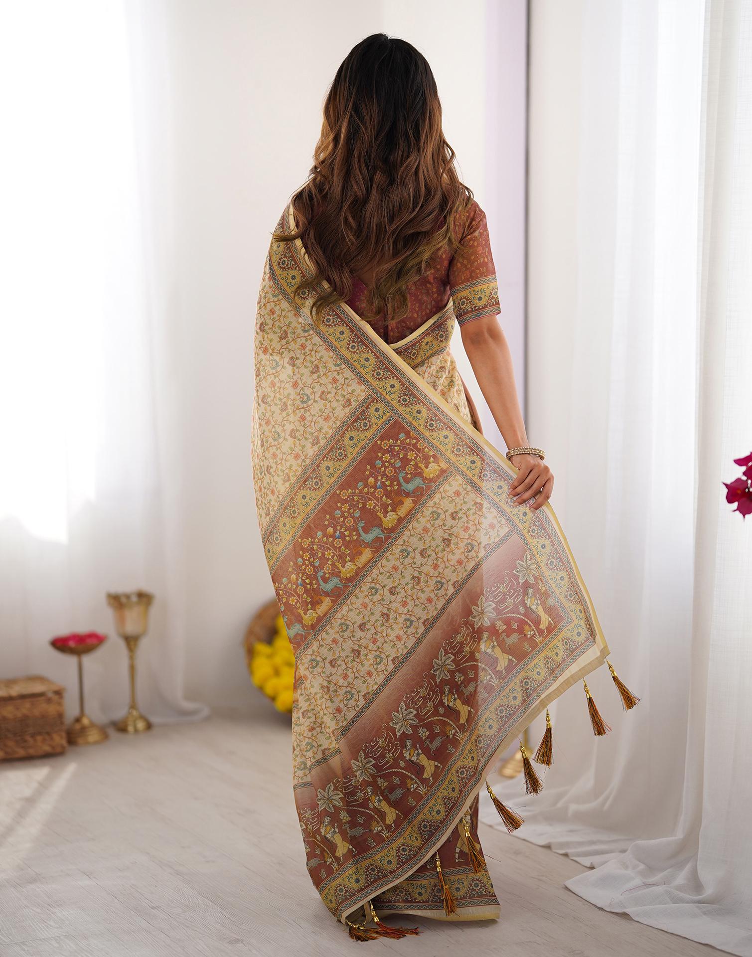 Beige Linen Floral Printed Saree - Image 6
