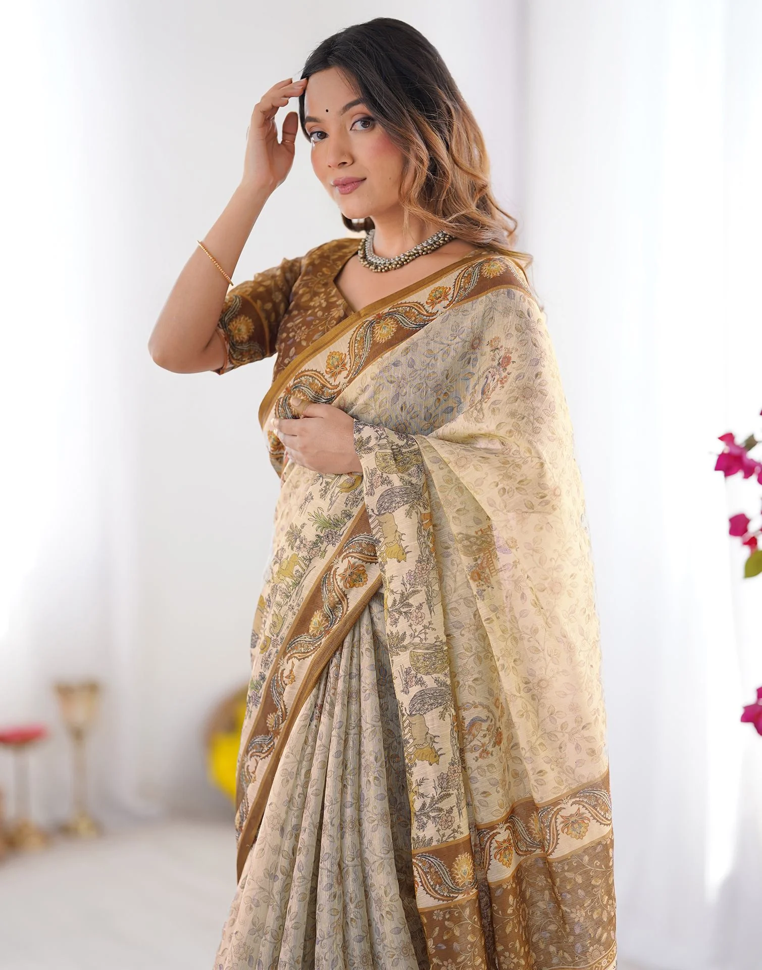 Beige Linen Floral Printed Saree - Image 2