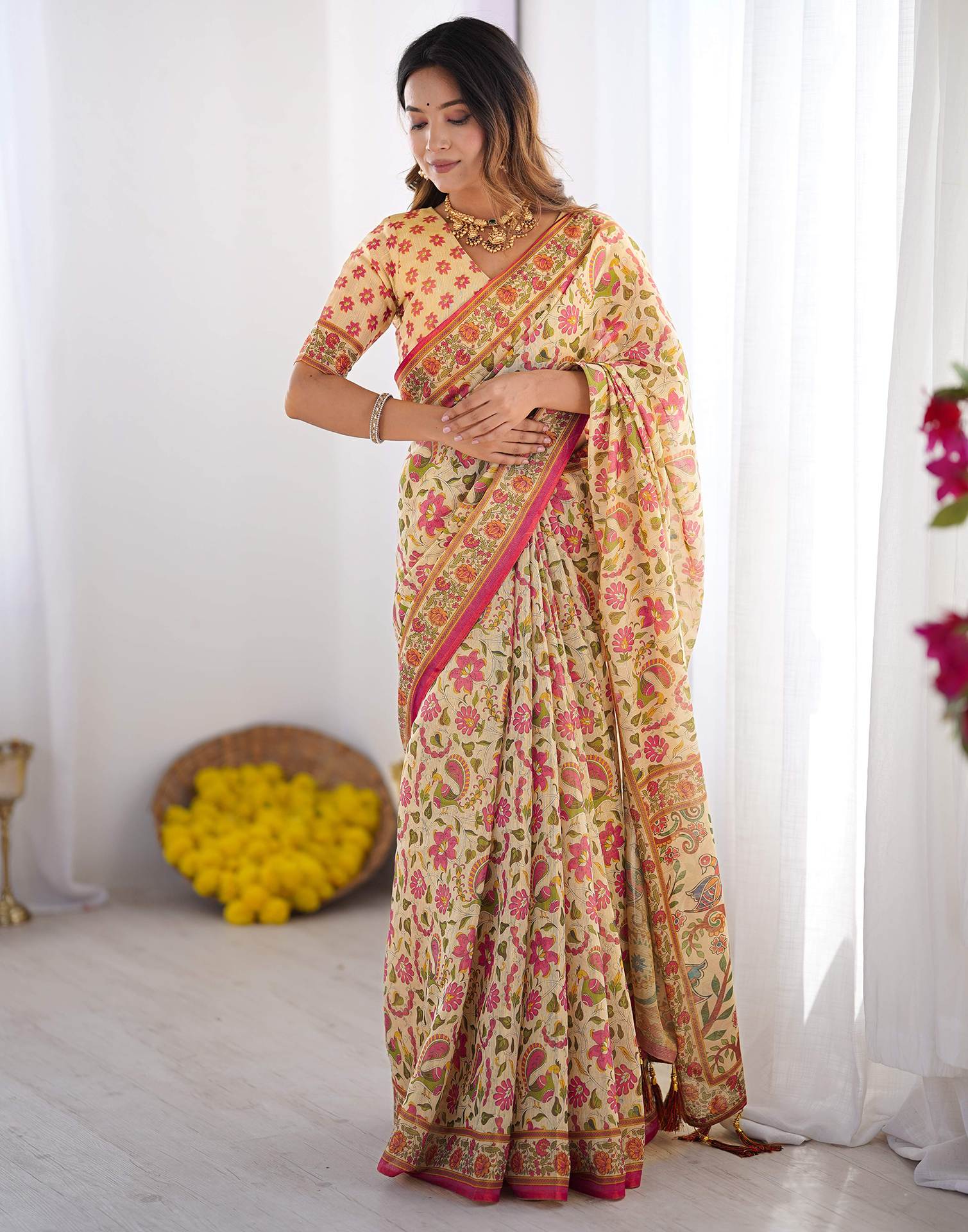 Beige Linen Floral Printed Saree - Image 2