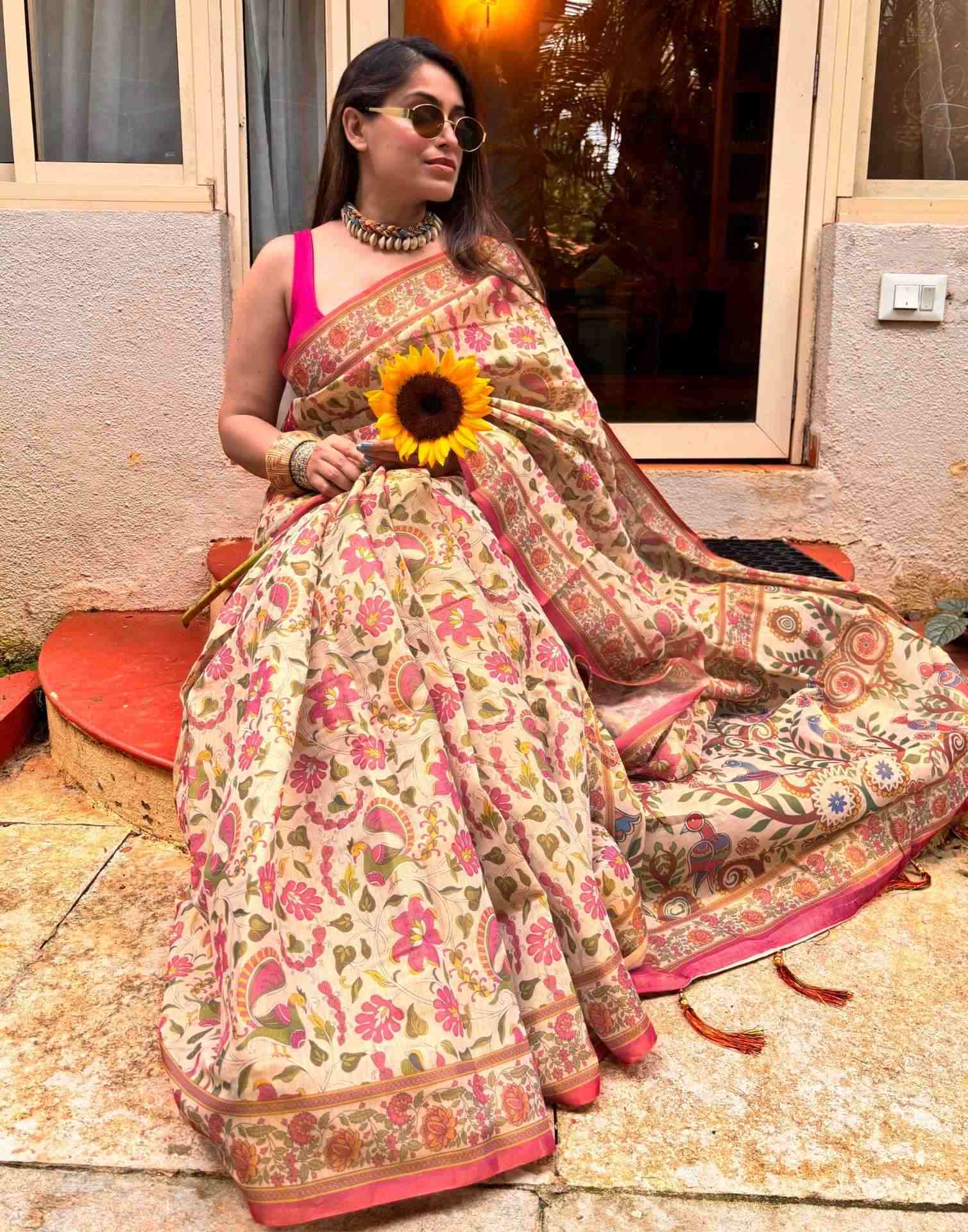Beige Linen Floral Printed Saree - Image 3