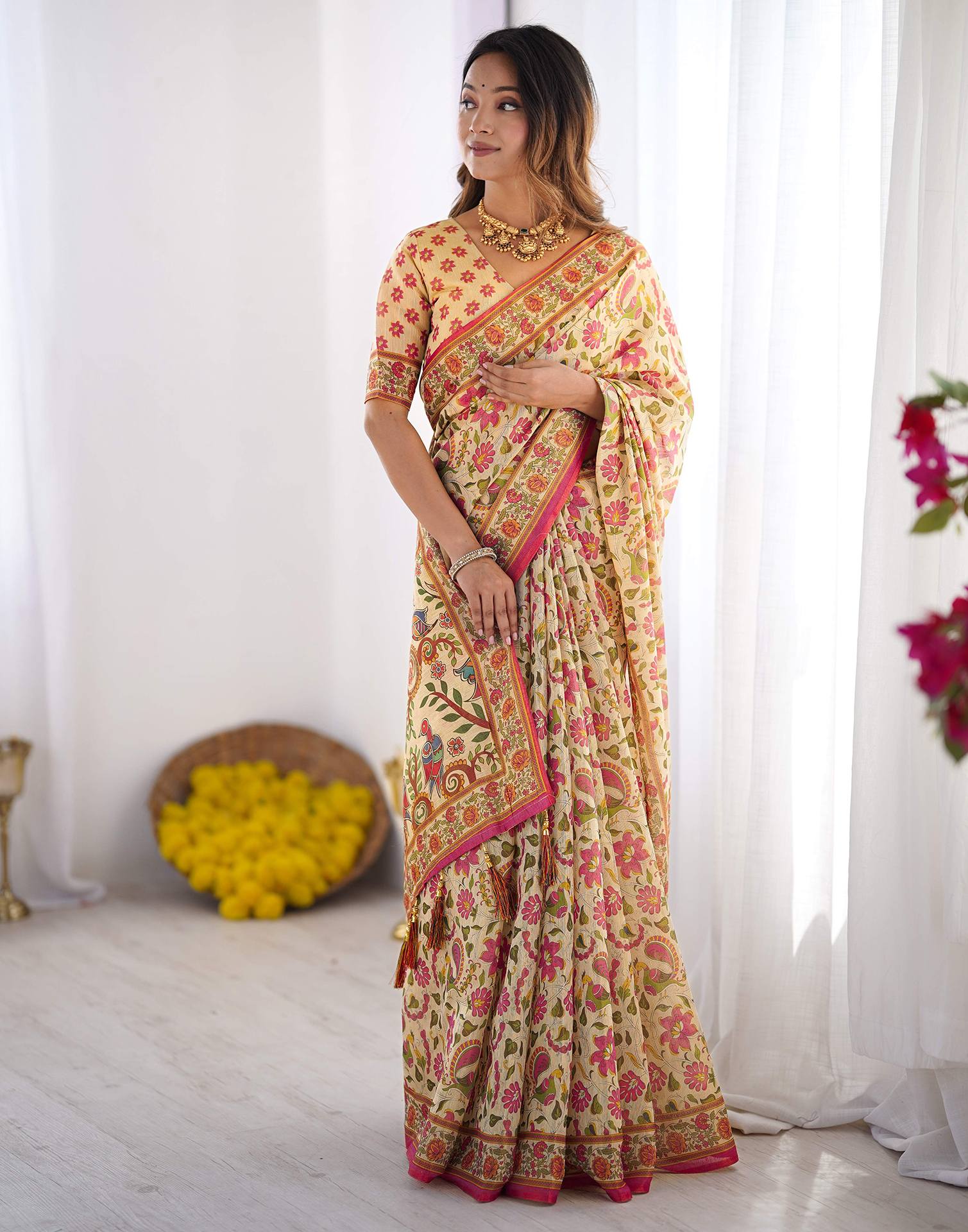Beige Linen Floral Printed Saree - Image 6