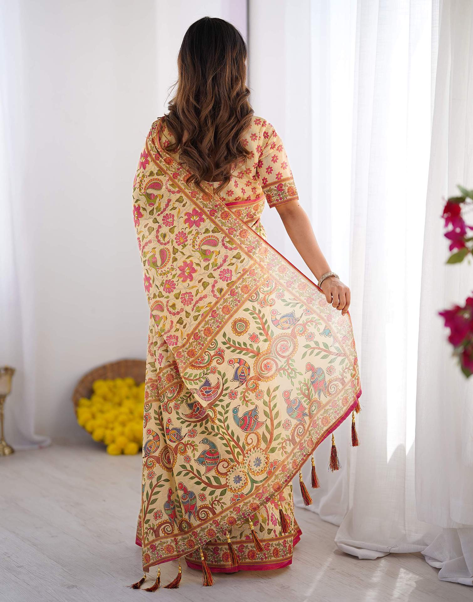 Beige Linen Floral Printed Saree - Image 7