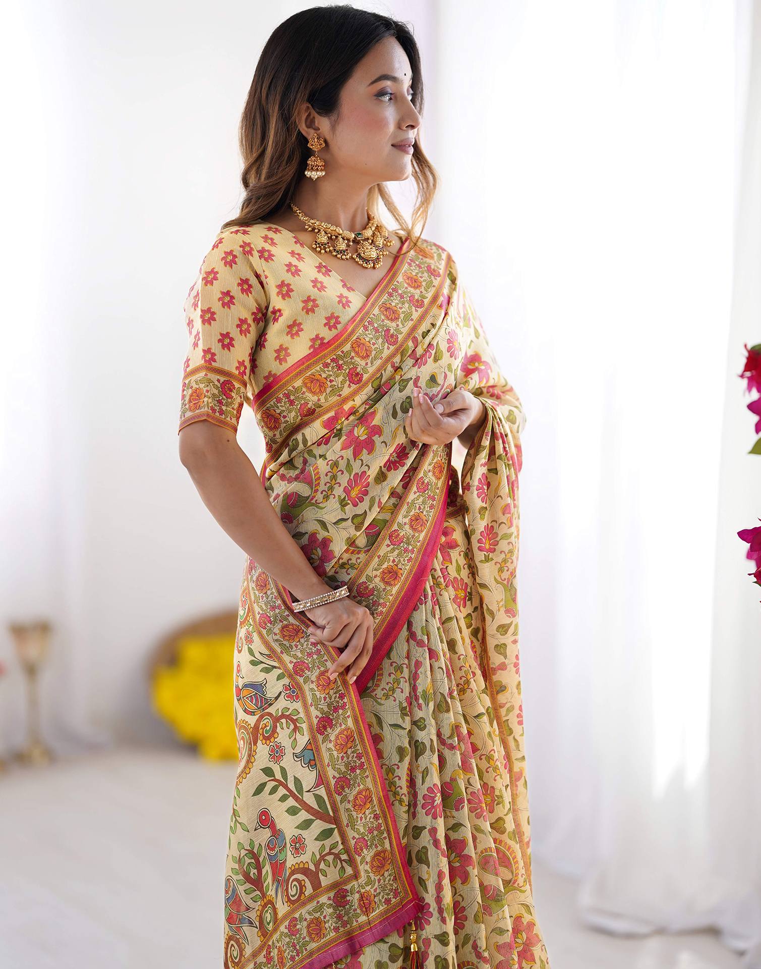 Beige Linen Floral Printed Saree - Image 9