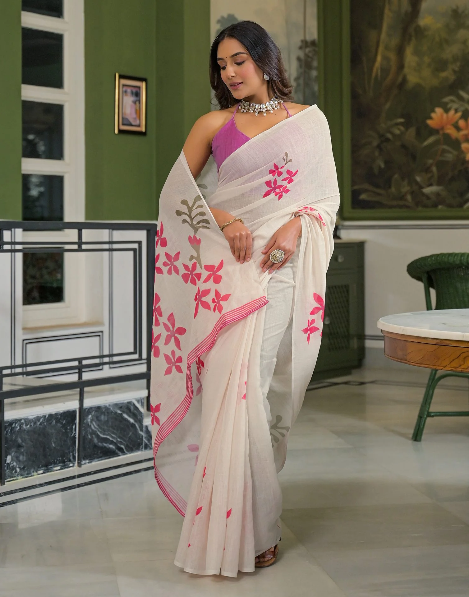 Beige Linen Floral Printed Saree - Image 8