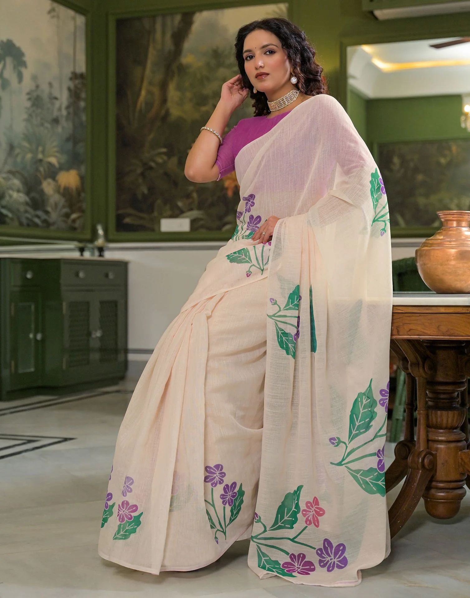 Beige Linen Floral Printed Saree - Image 8