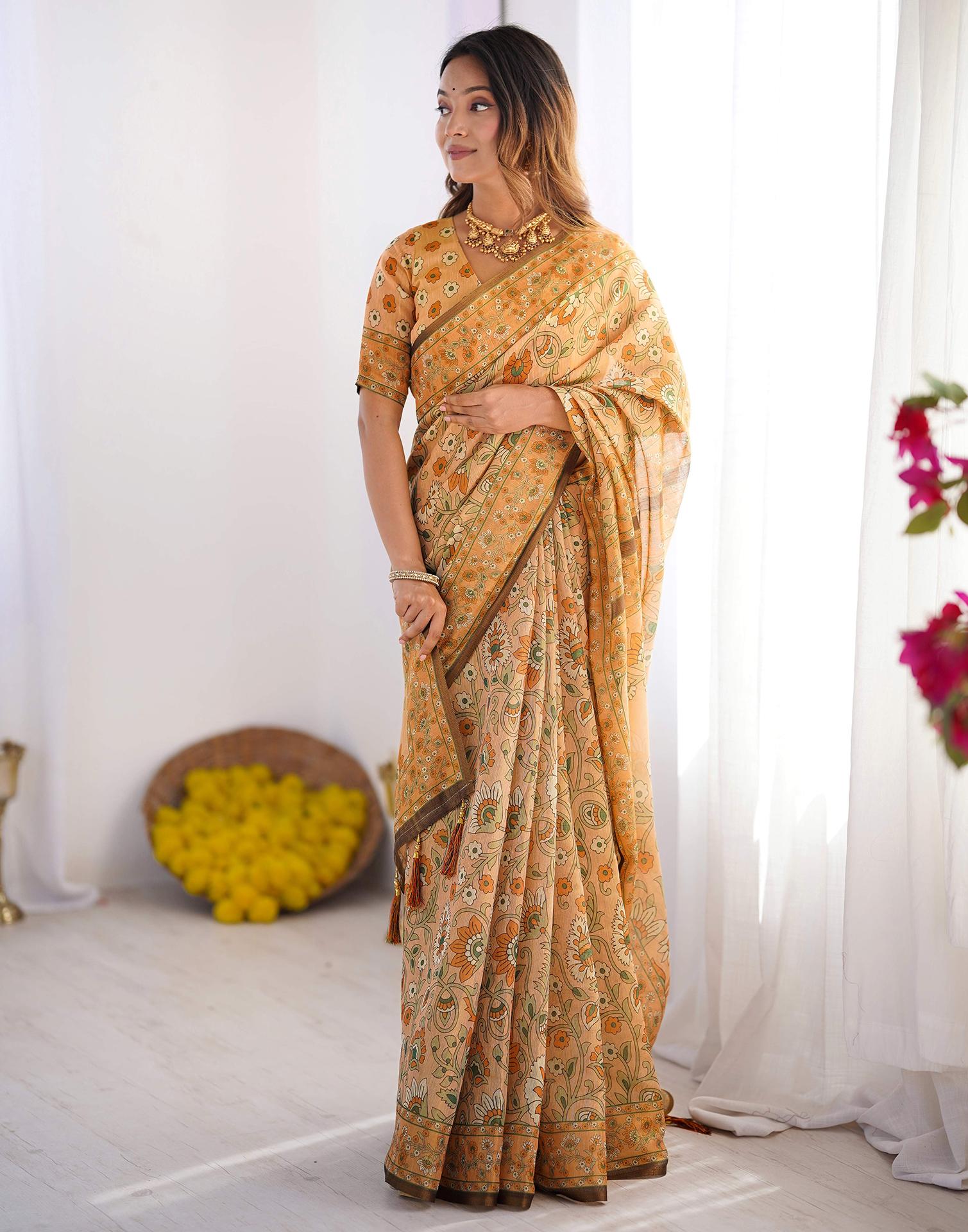 Beige Linen Kalamkari Saree - Image 6