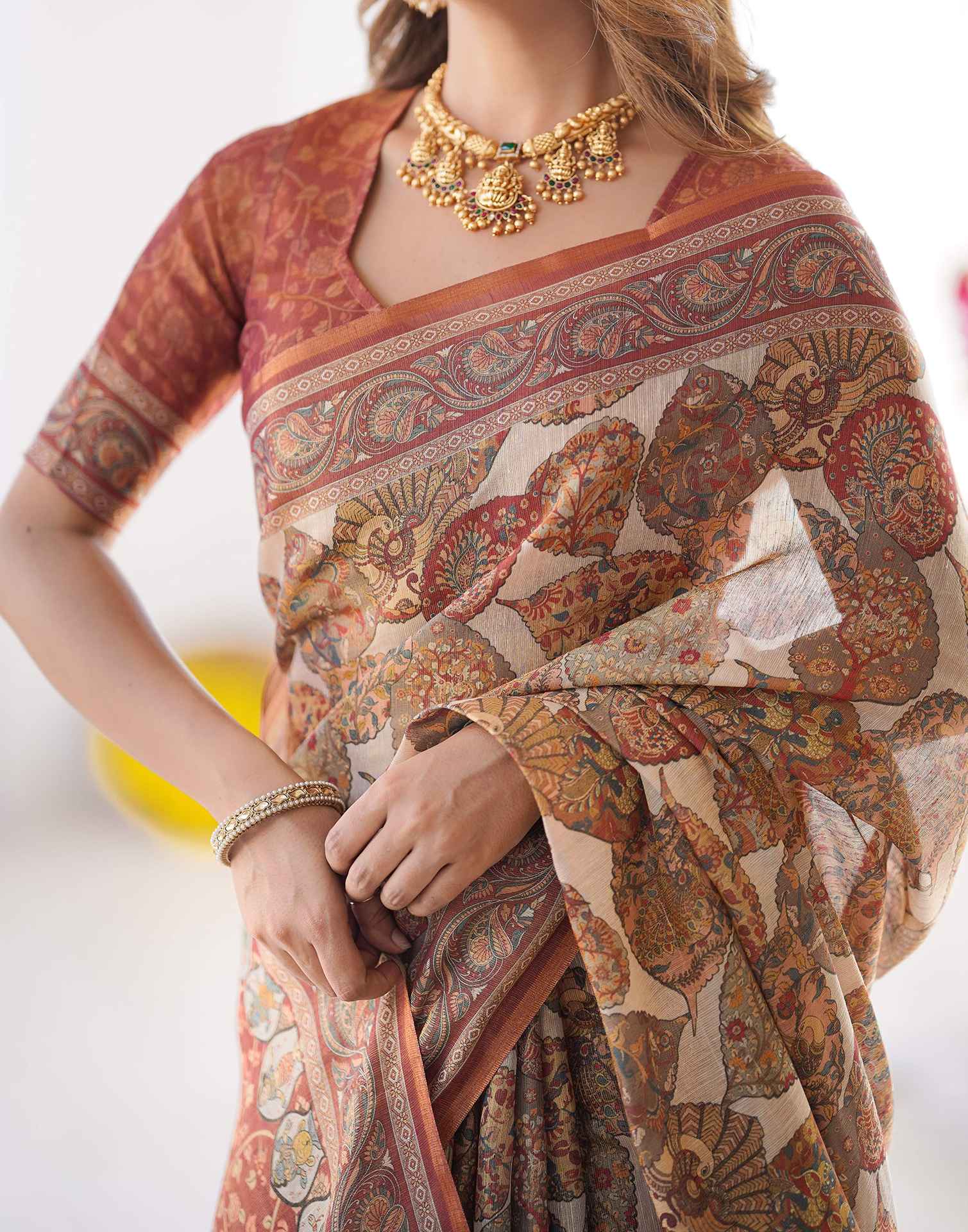Beige Linen Printed Saree - Image 2