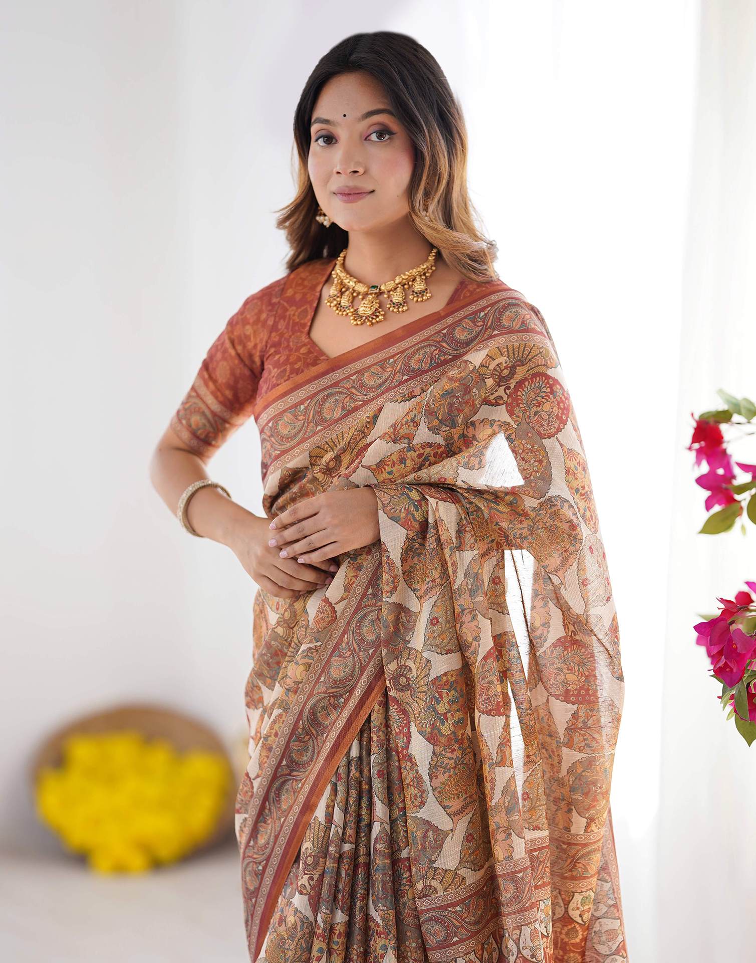 Beige Linen Printed Saree - Image 7