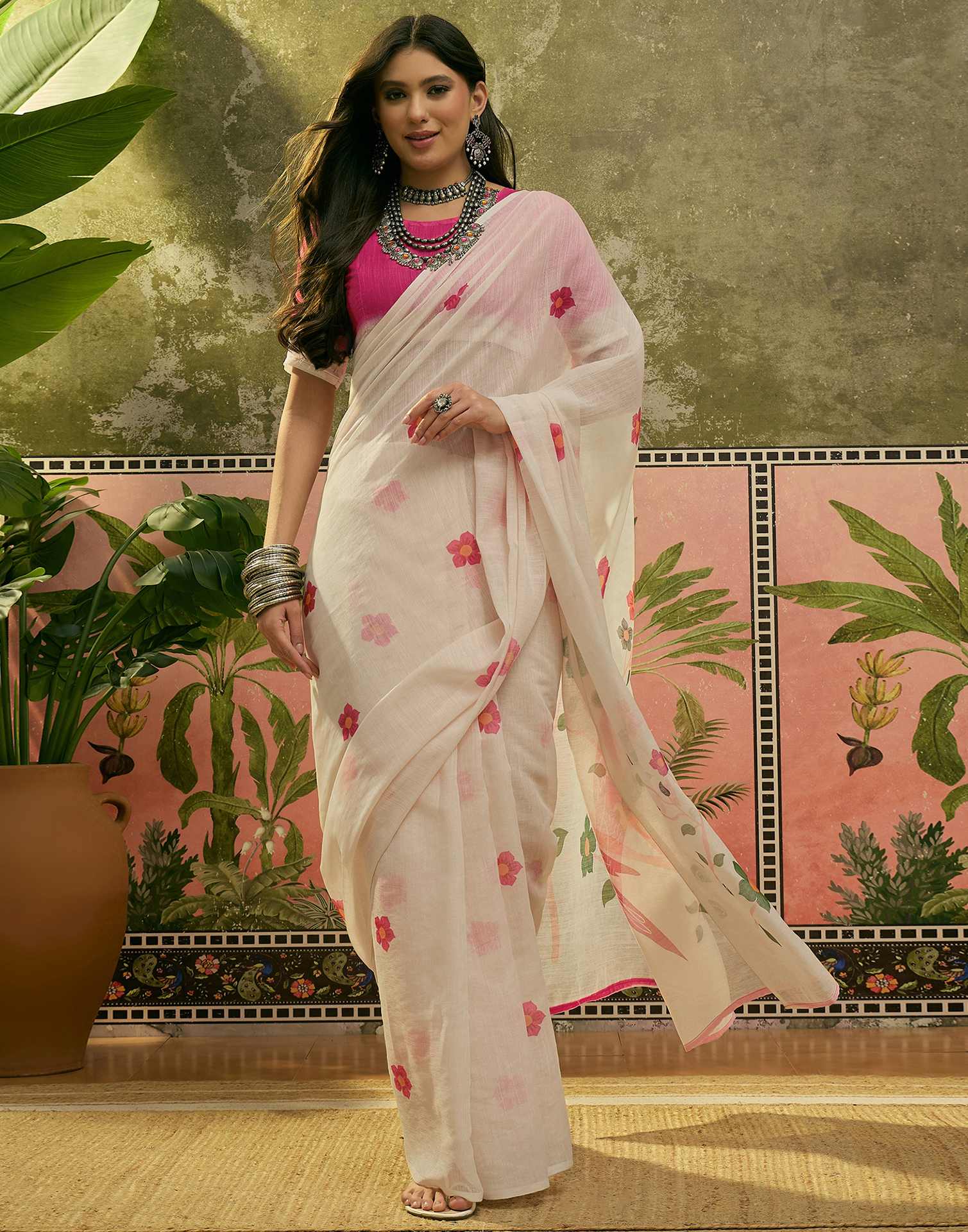 Beige Linen Printed Saree