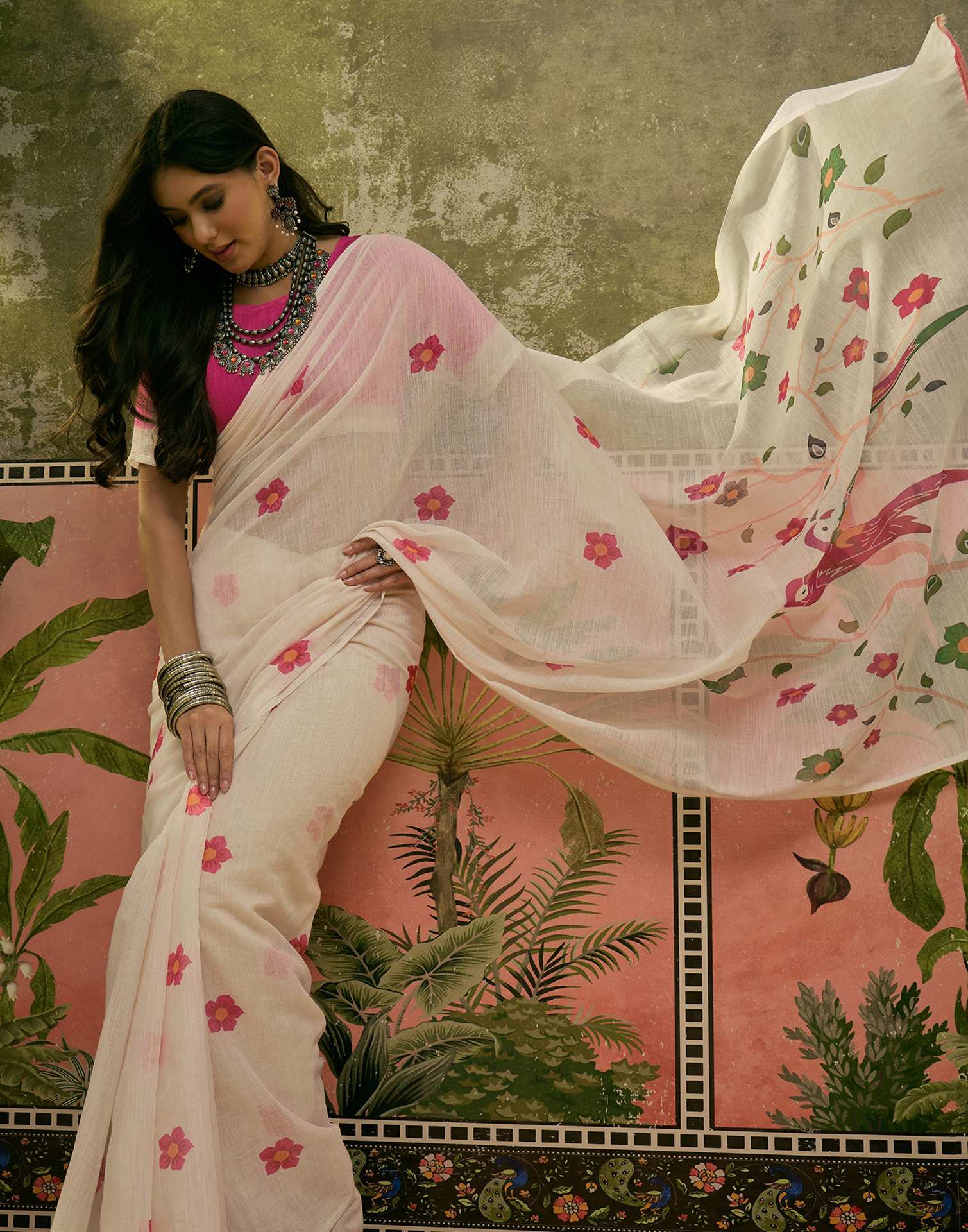 Beige Linen Printed Saree - Image 7