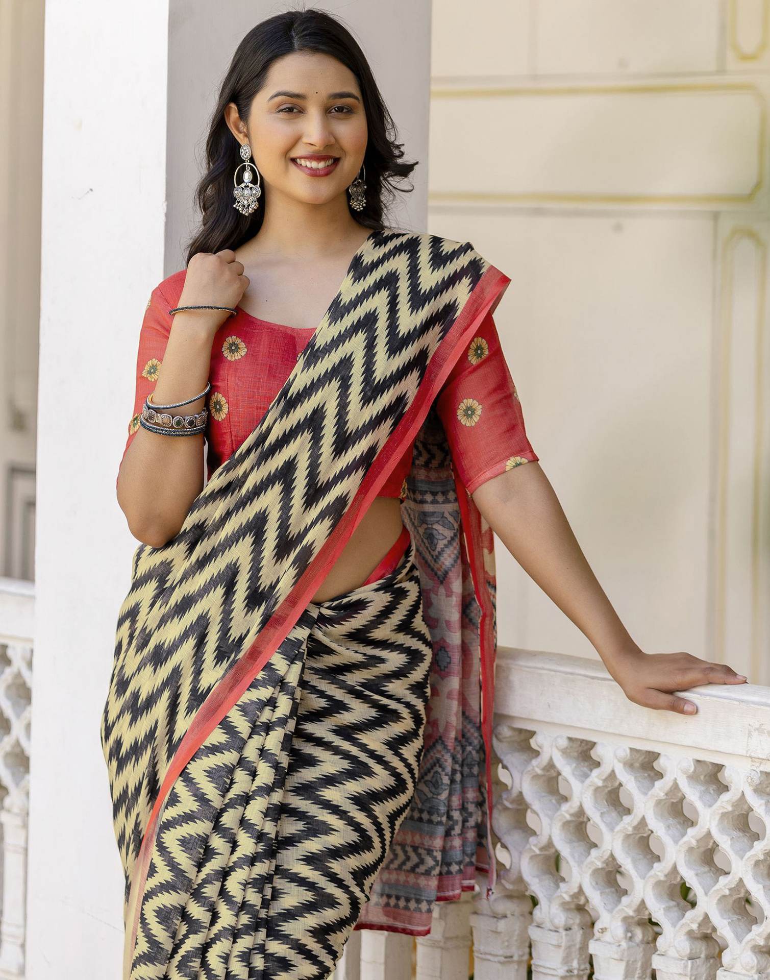 Beige Linen Printed Saree - Image 10