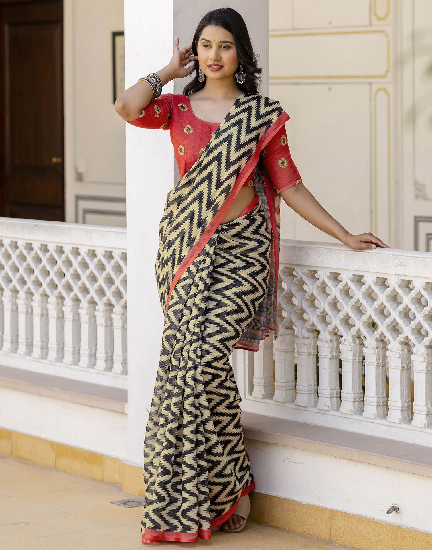 Beige Linen Printed Saree - Image 7