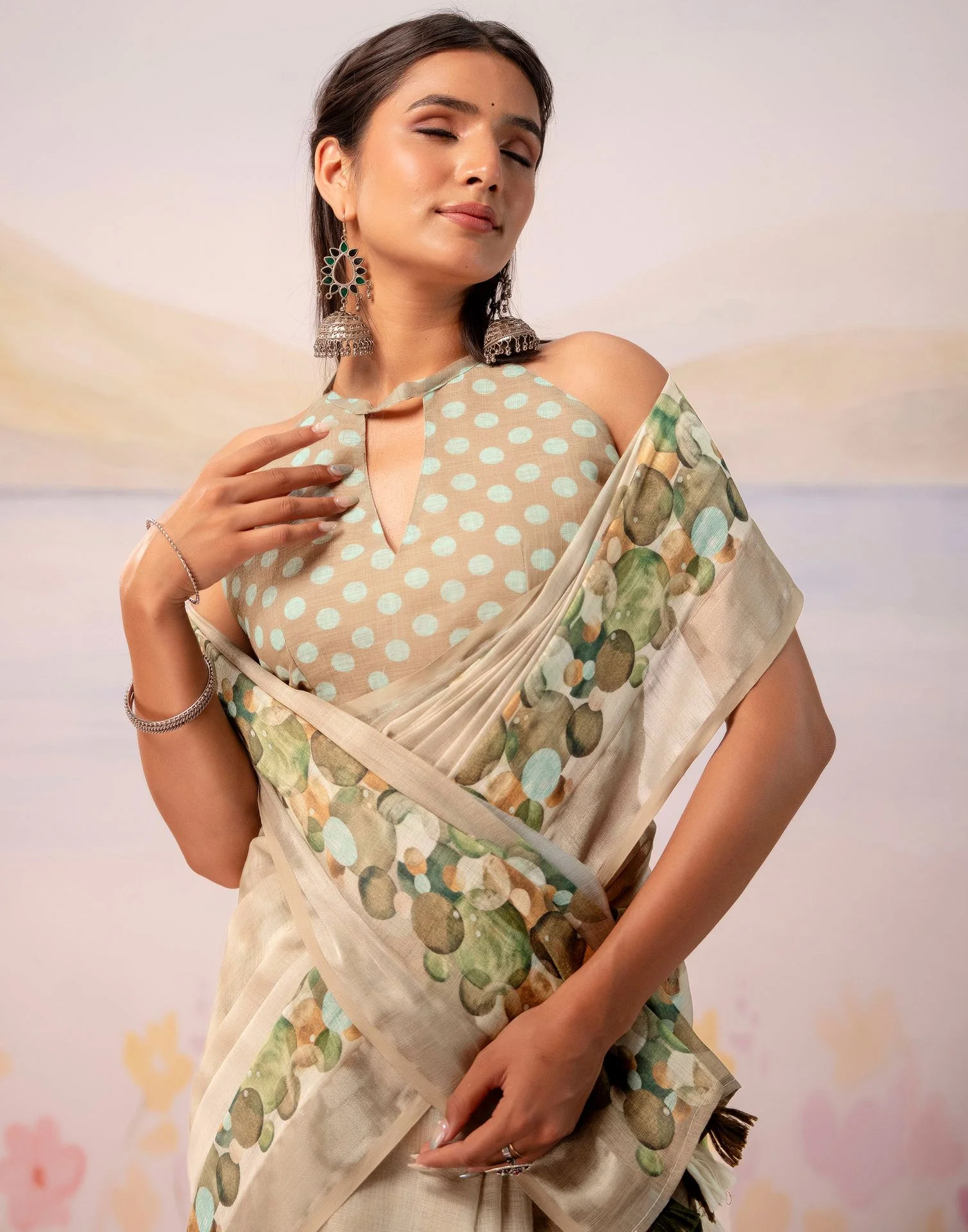 Beige Linen Printed Zari Border Saree - Image 4