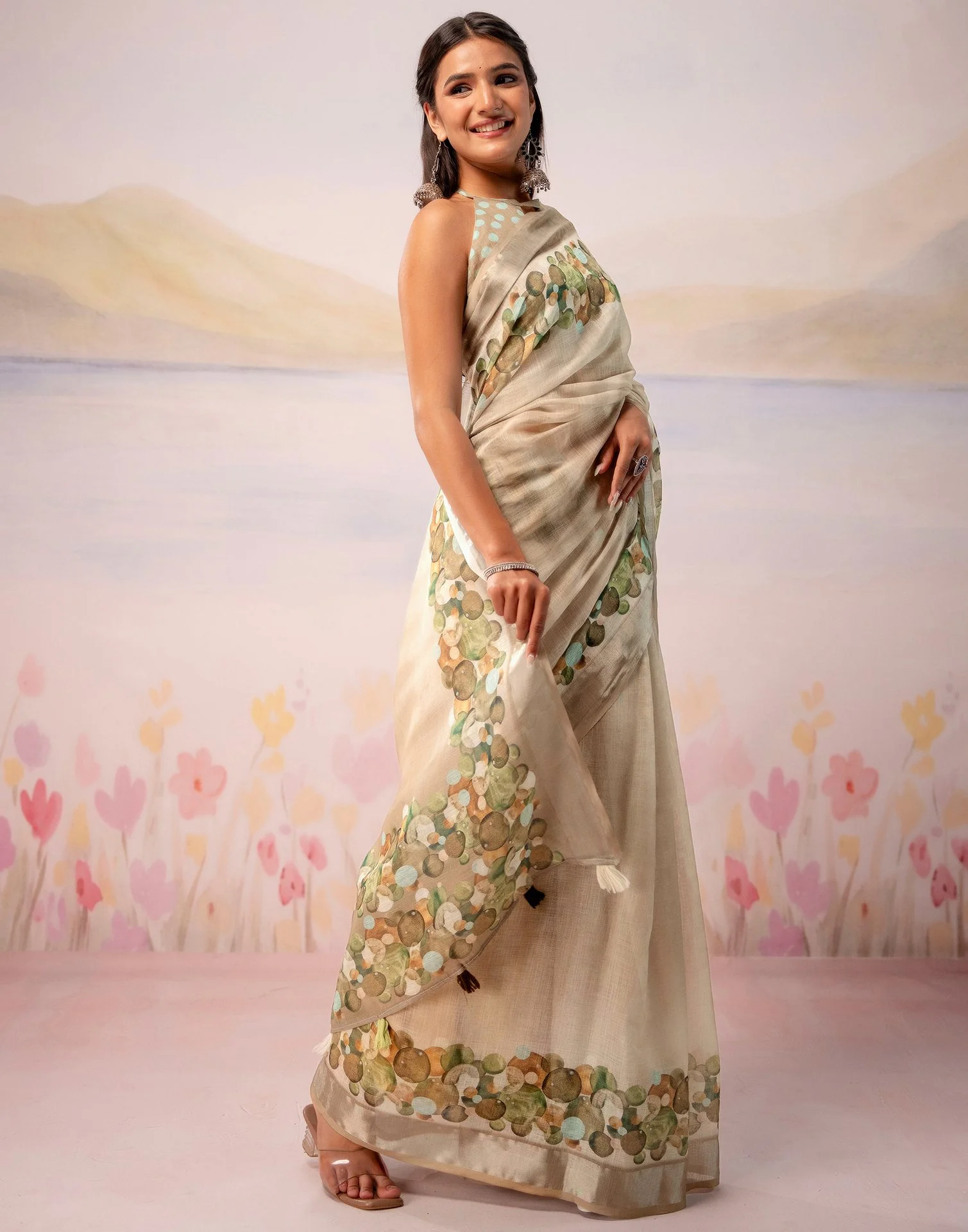Beige Linen Printed Zari Border Saree - Image 6
