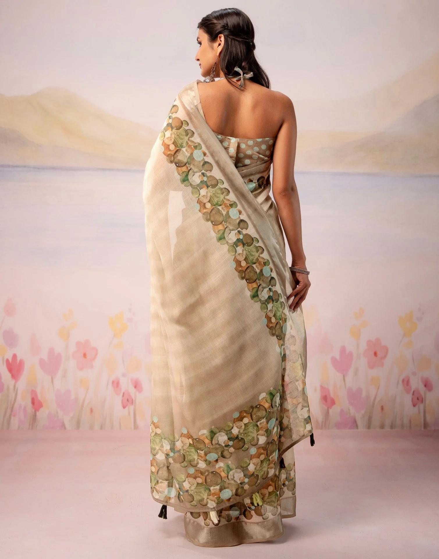 Beige Linen Printed Zari Border Saree - Image 7