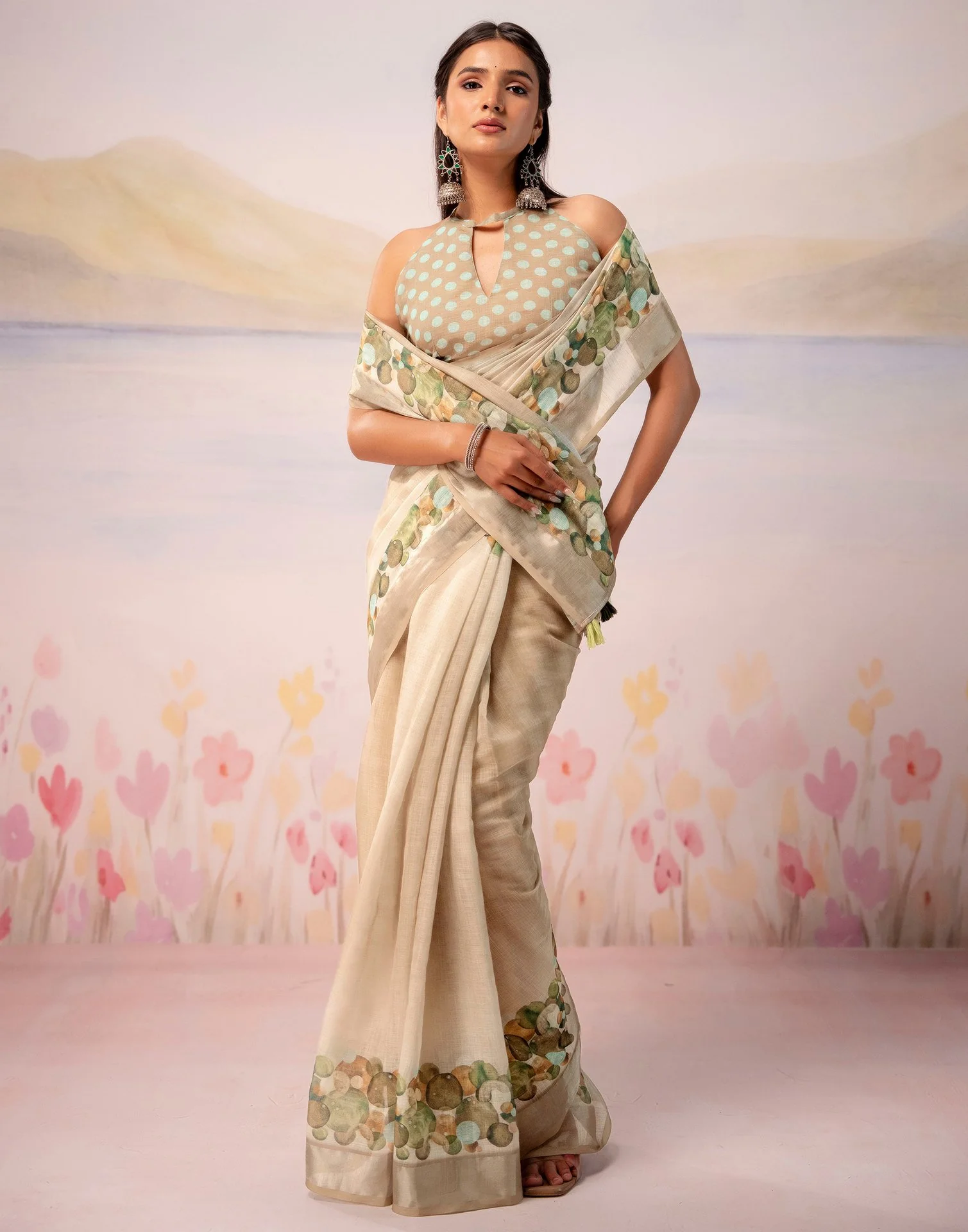 Beige Linen Printed Zari Border Saree - Image 8