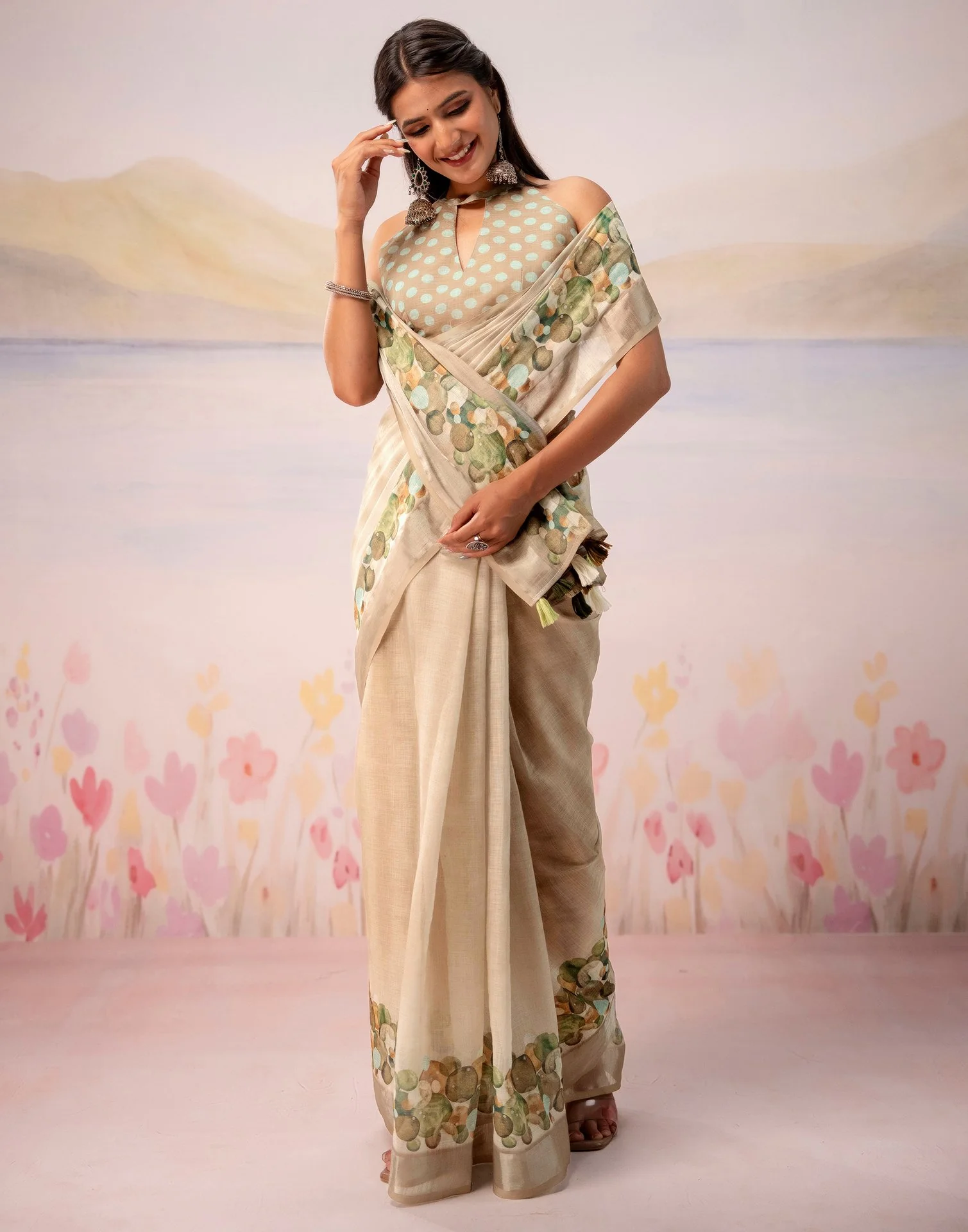 Beige Linen Printed Zari Border Saree - Image 9