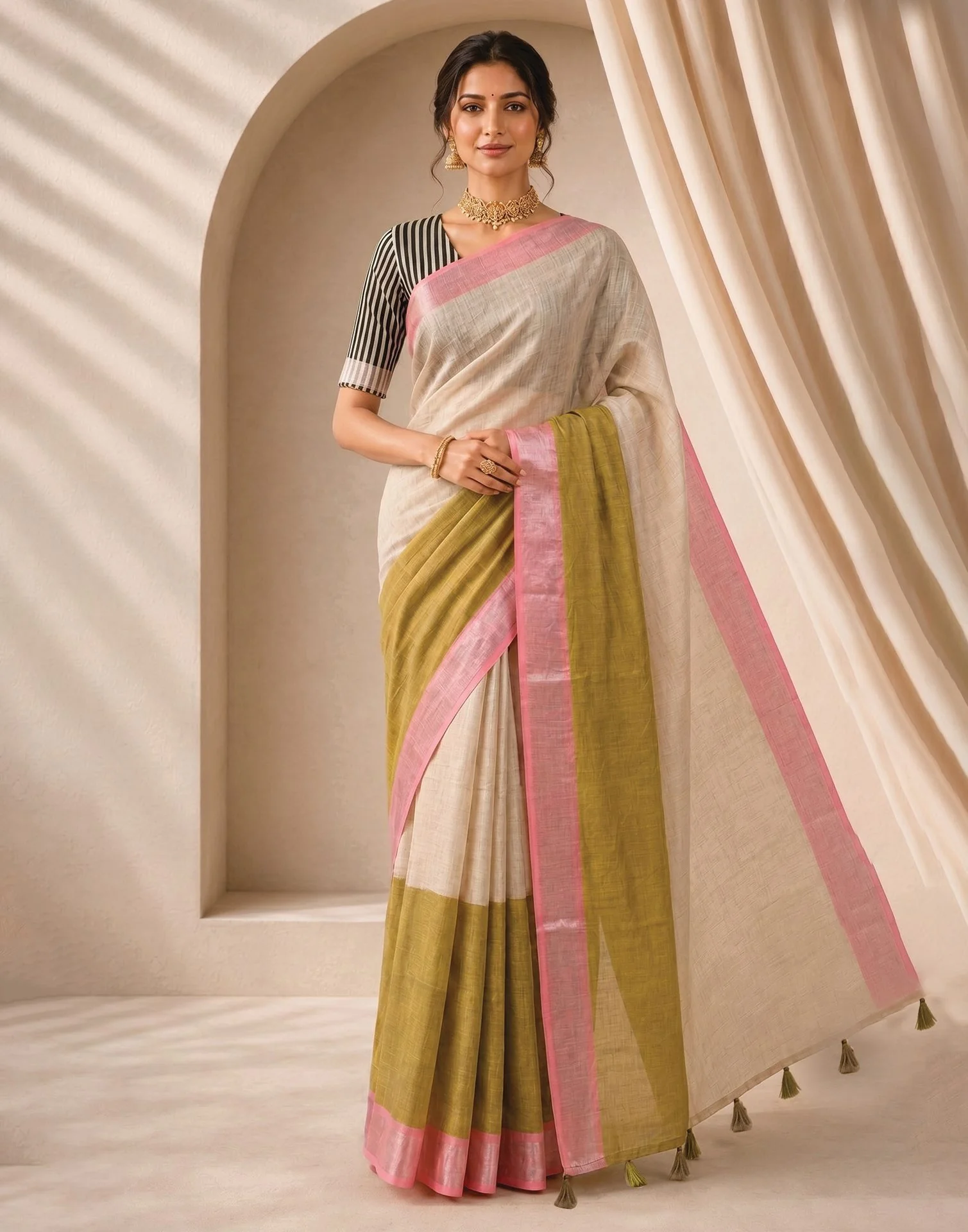 Beige Linen Printed Zari Border Saree