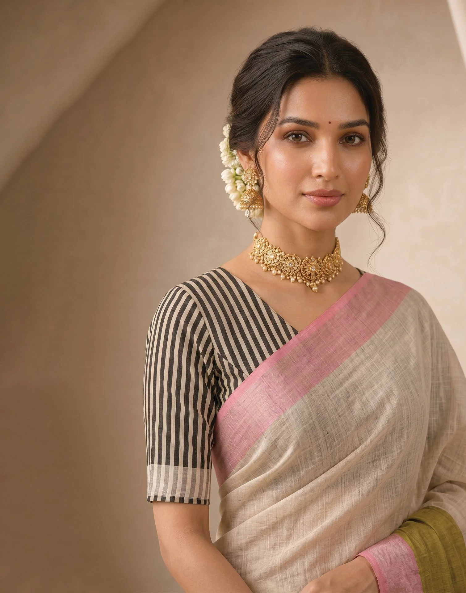 Beige Linen Printed Zari Border Saree - Image 2