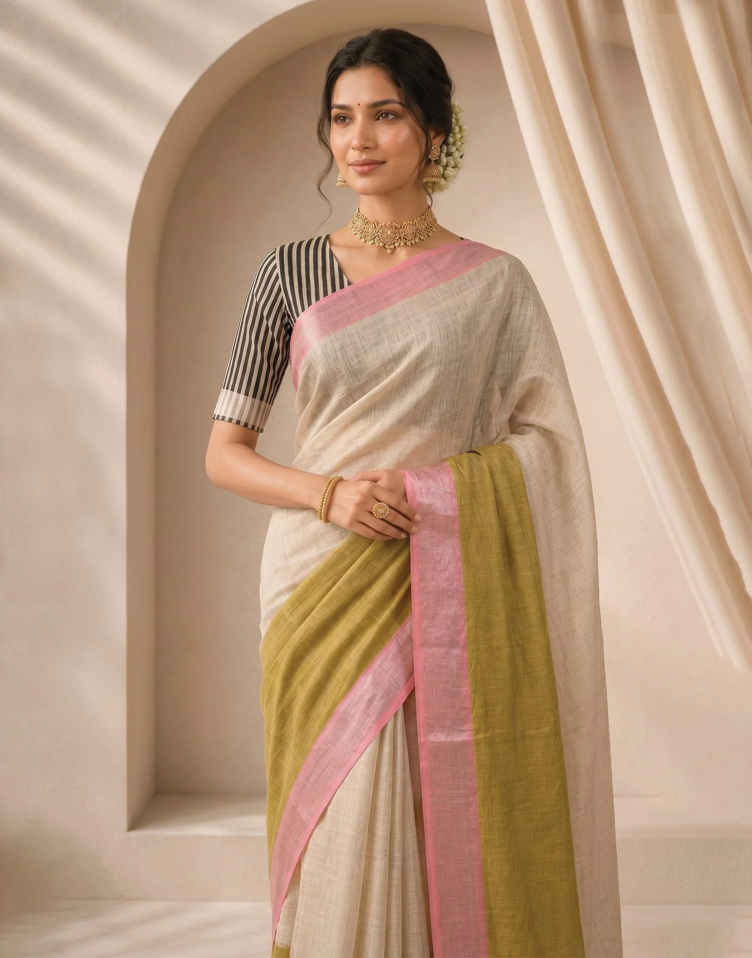 Beige Linen Printed Zari Border Saree - Image 4