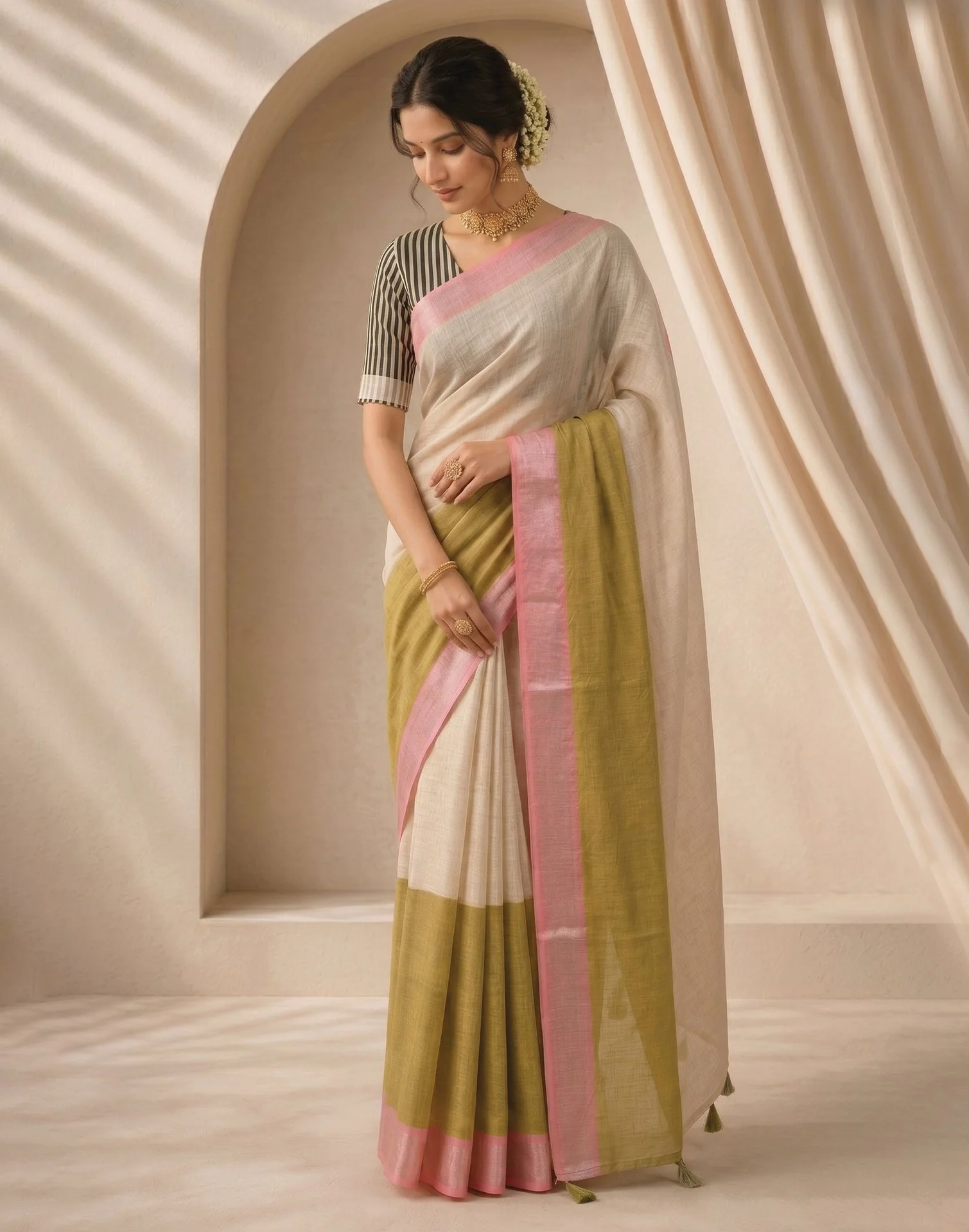 Beige Linen Printed Zari Border Saree - Image 6