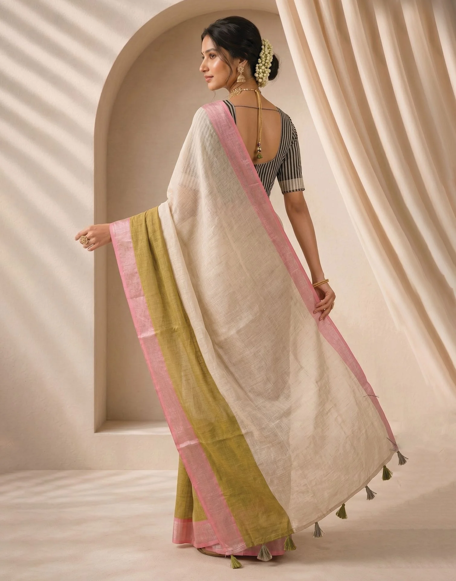 Beige Linen Printed Zari Border Saree - Image 7