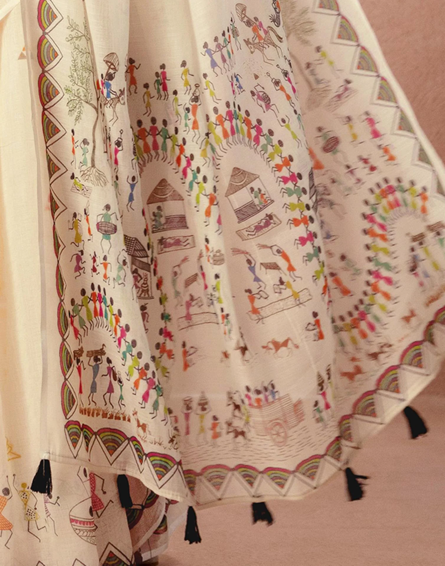 Beige Linen Warli Printed Saree - Image 13