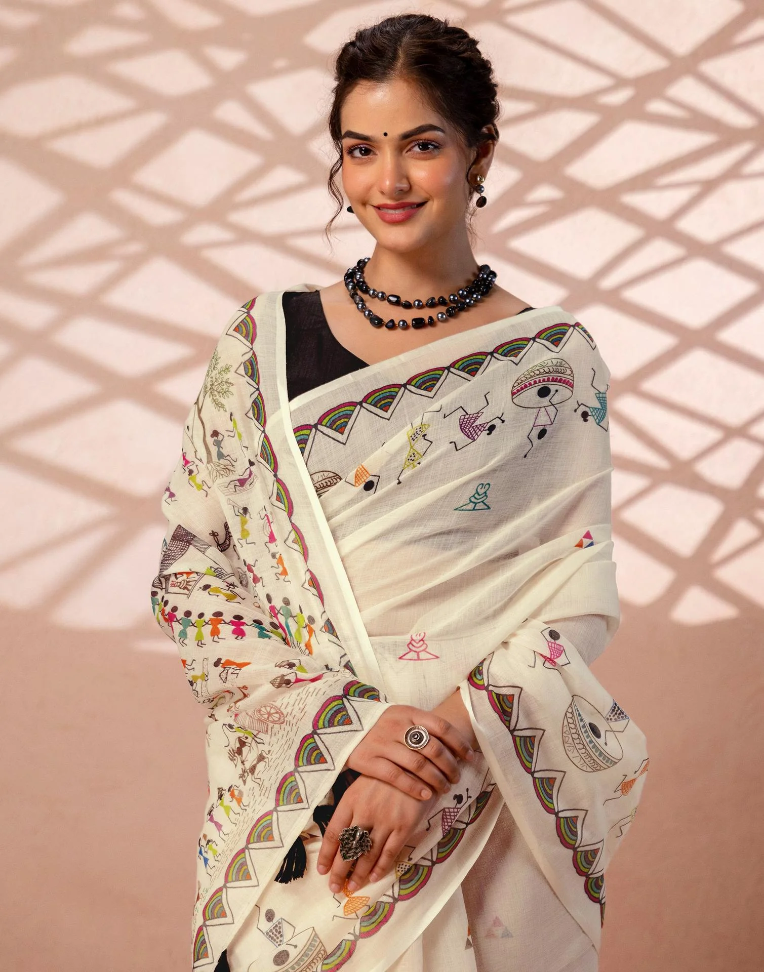 Beige Linen Warli Printed Saree - Image 4