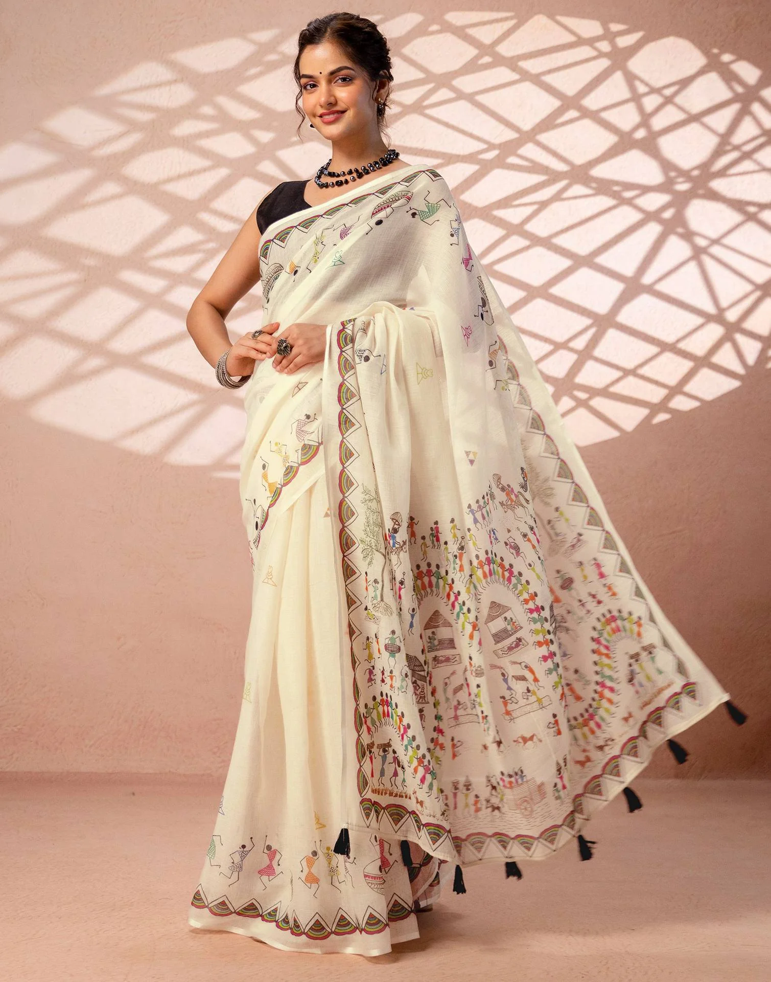 Beige Linen Warli Printed Saree - Image 6