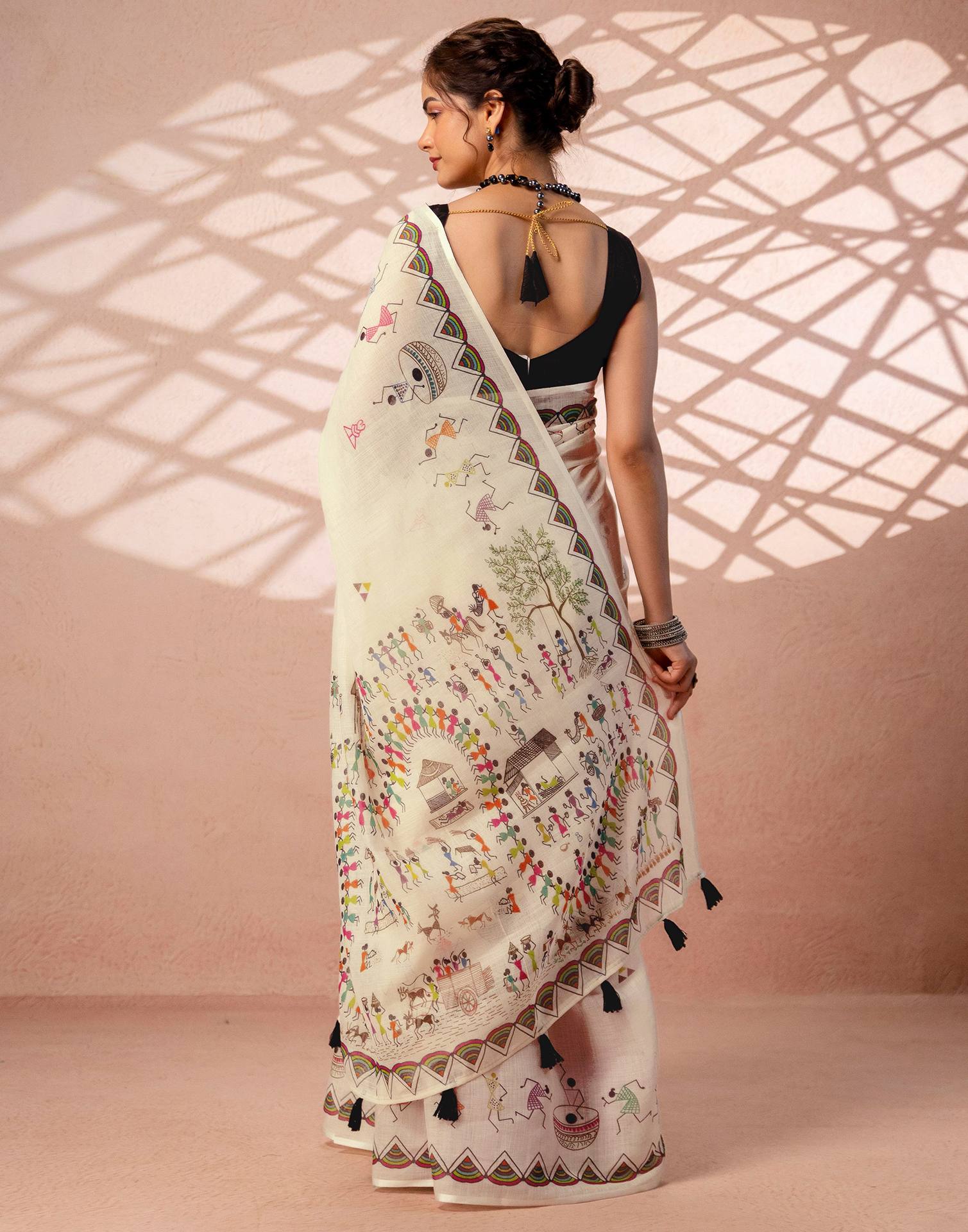Beige Linen Warli Printed Saree - Image 8