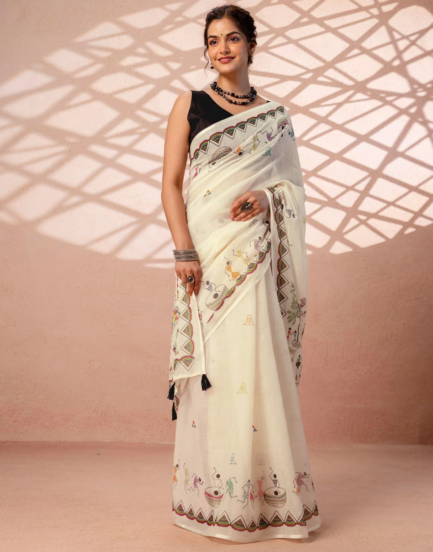 Beige Linen Warli Printed Saree - Image 9
