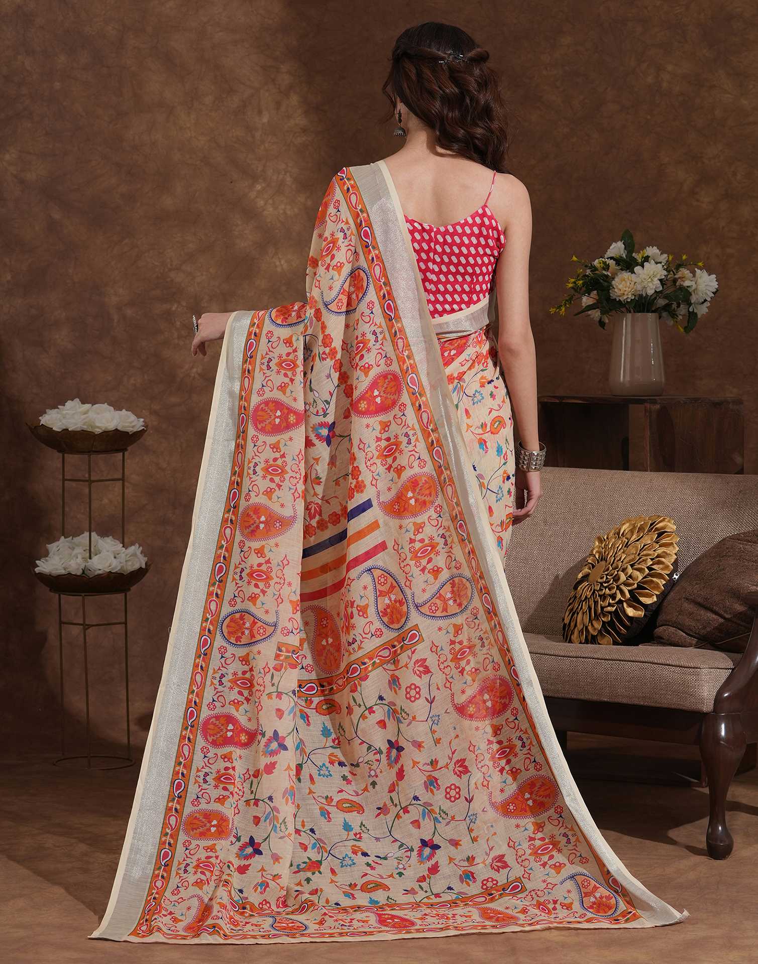 Beige Linen Woven Printed Saree - Image 6