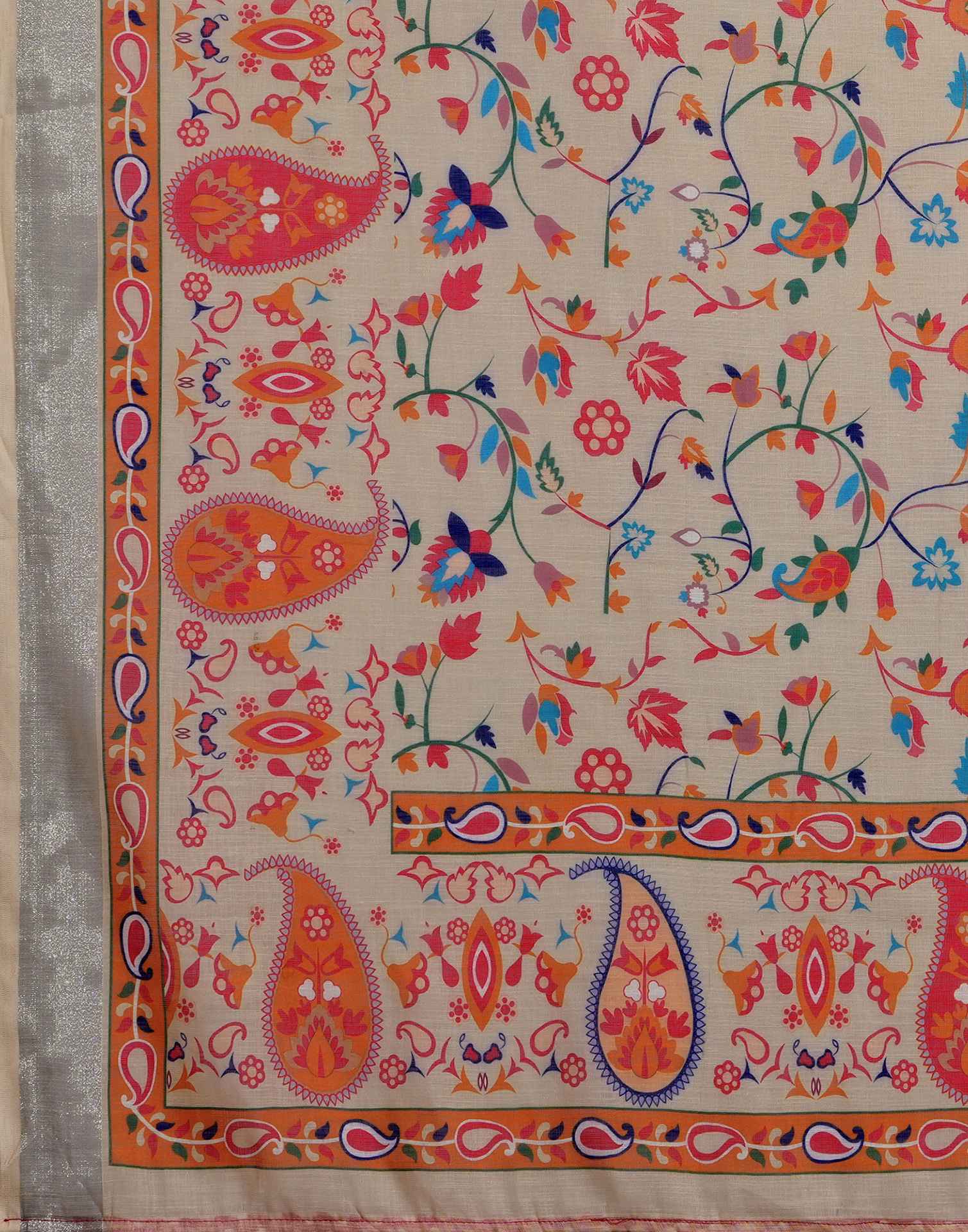 Beige Linen Woven Printed Saree - Image 8