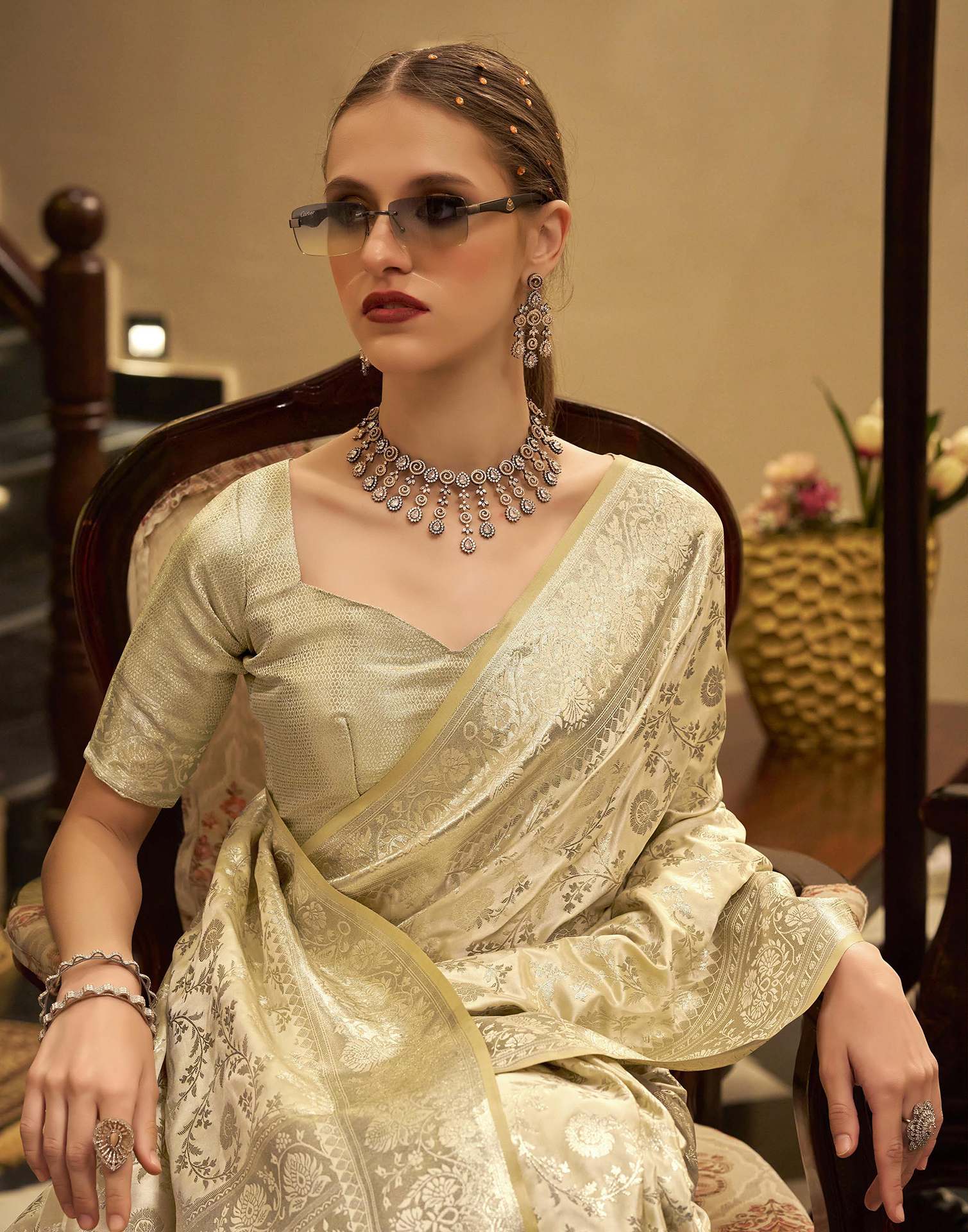 Beige Satin Woven Banarasi Saree - Image 2