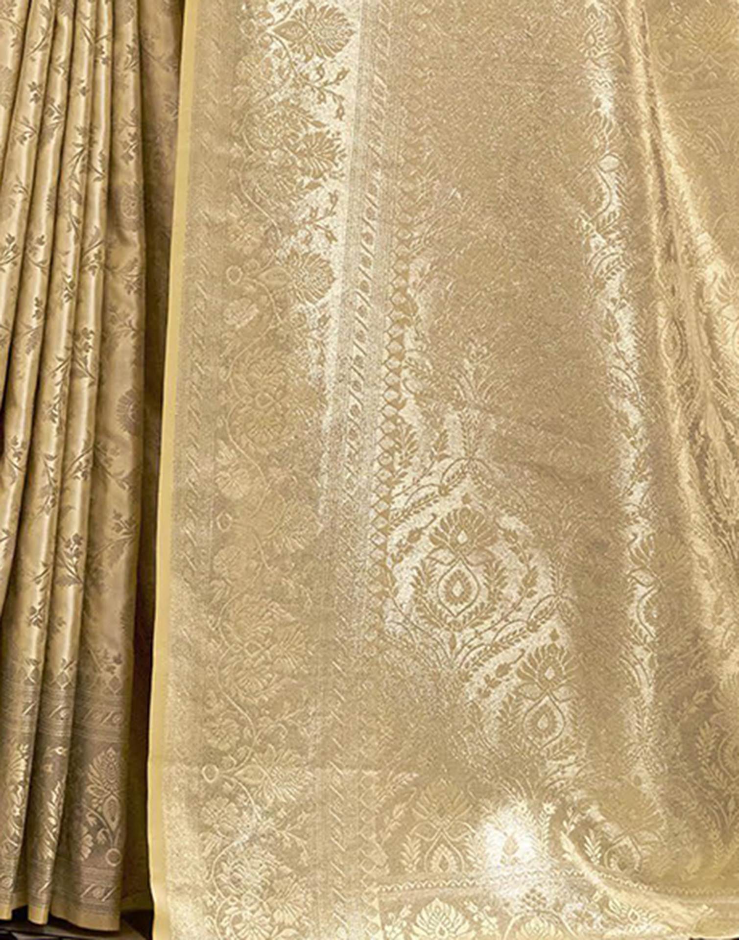 Beige Satin Woven Banarasi Saree - Image 6