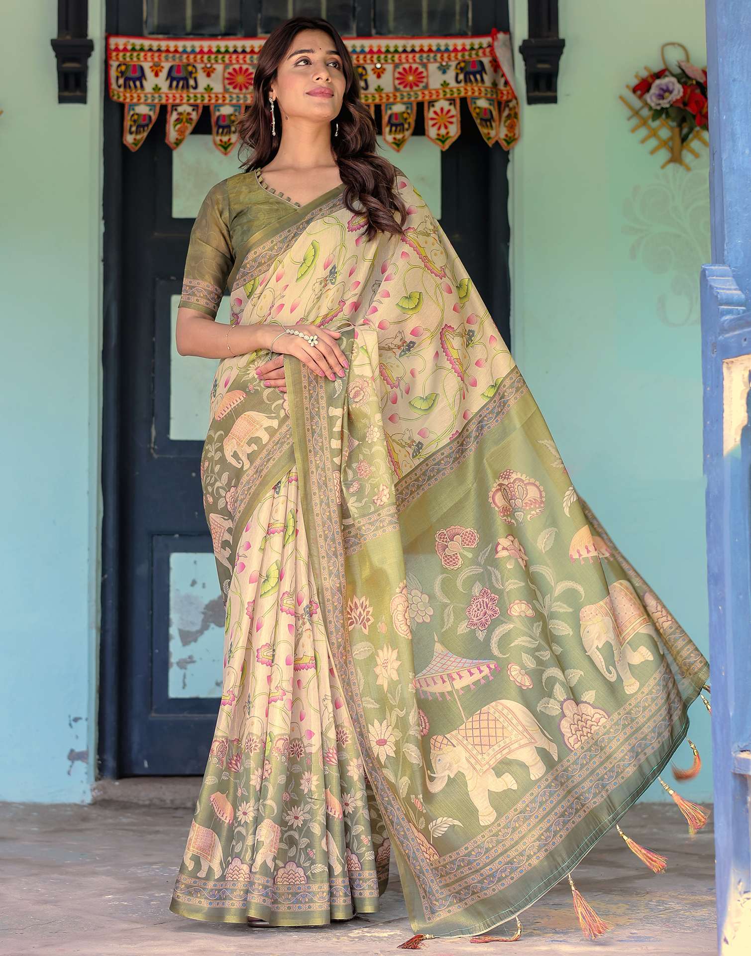 Beige Shimmer Silk Printed Kalamkari Saree - Image 10