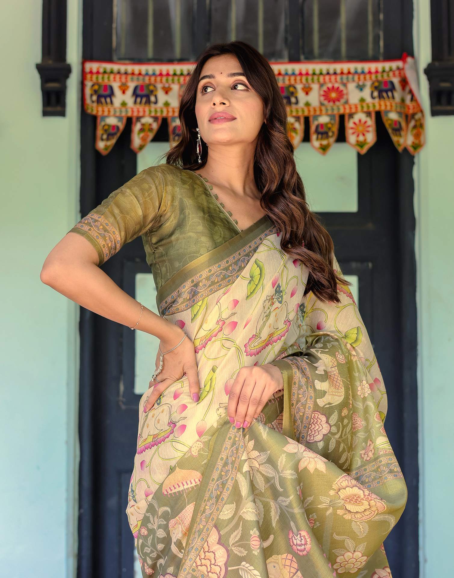 Beige Shimmer Silk Printed Kalamkari Saree - Image 13