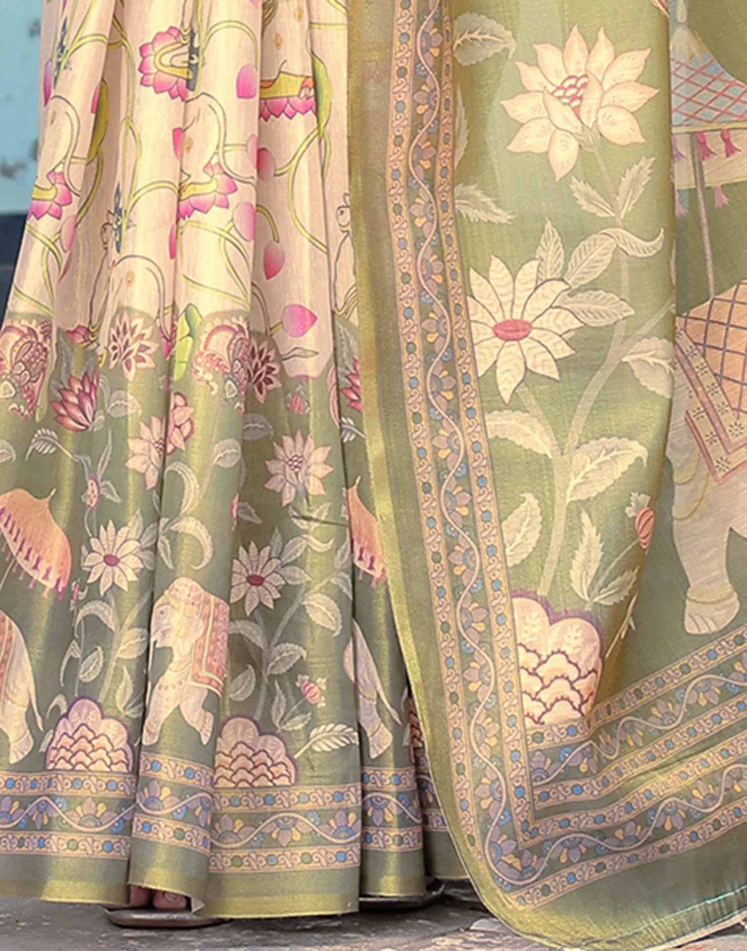 Beige Shimmer Silk Printed Kalamkari Saree - Image 15