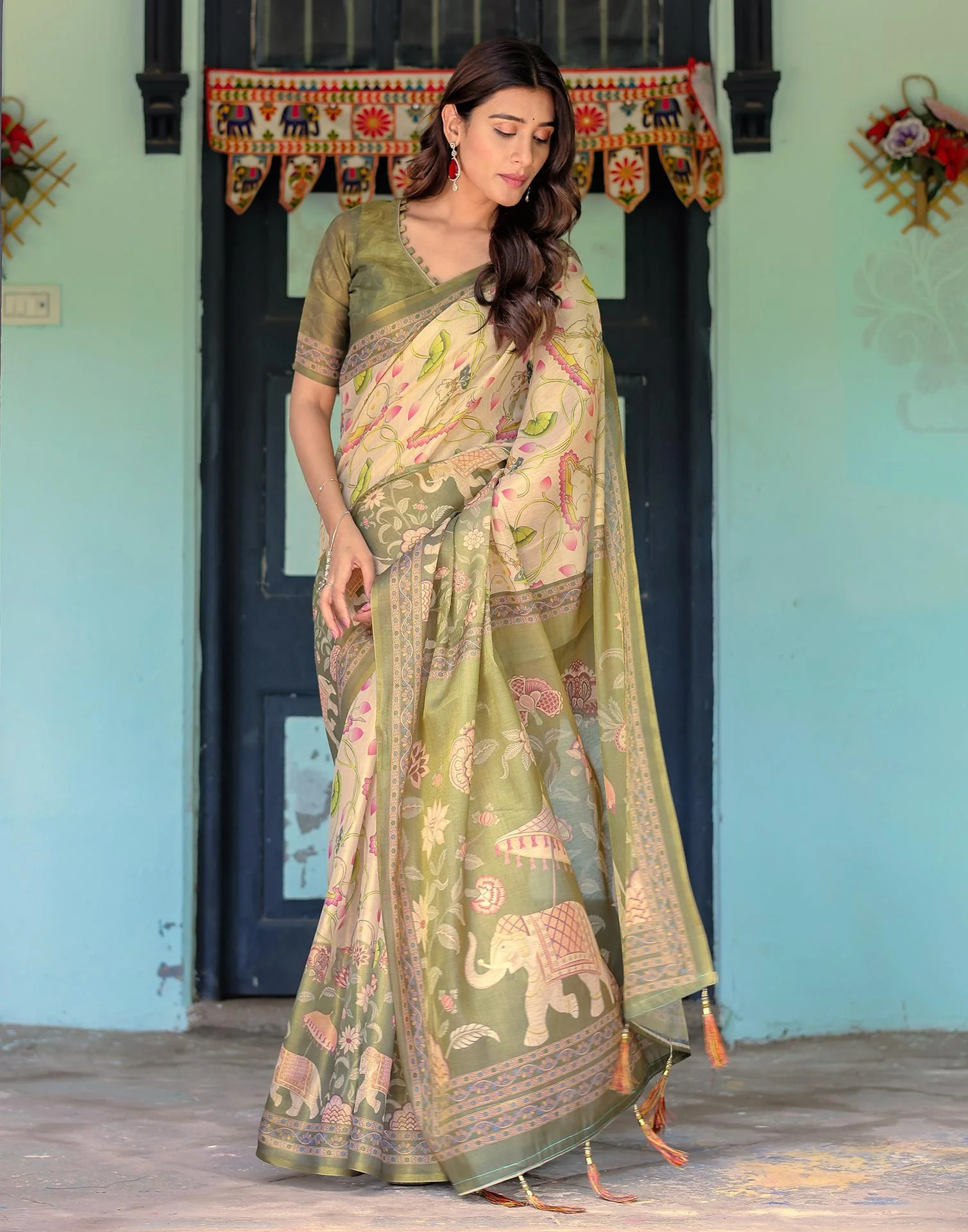 Beige Shimmer Silk Printed Kalamkari Saree - Image 8