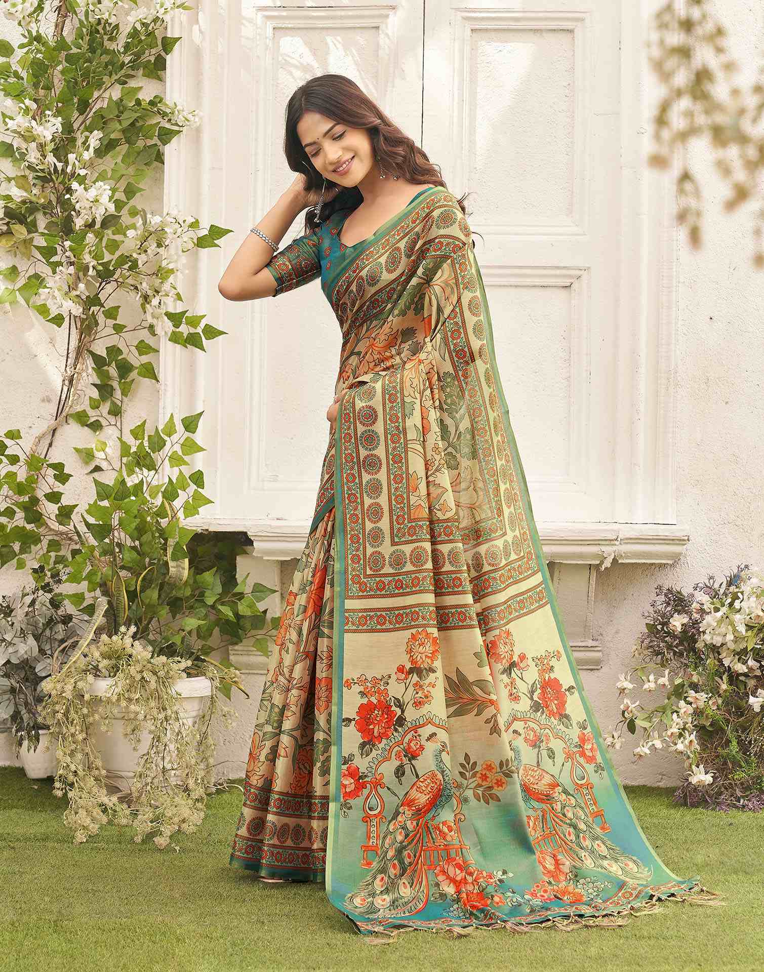 Beige Shimmer Silk Printed Kalamkari SareeĀ - Image 4