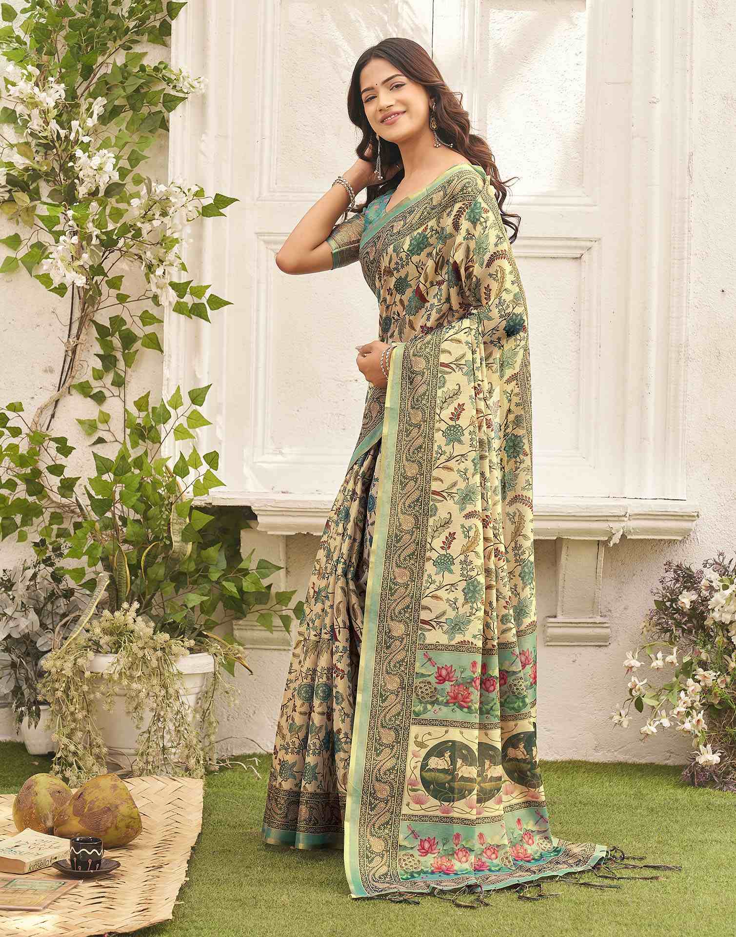 Beige Shimmer Silk Printed Kalamkari SareeĀ - Image 4