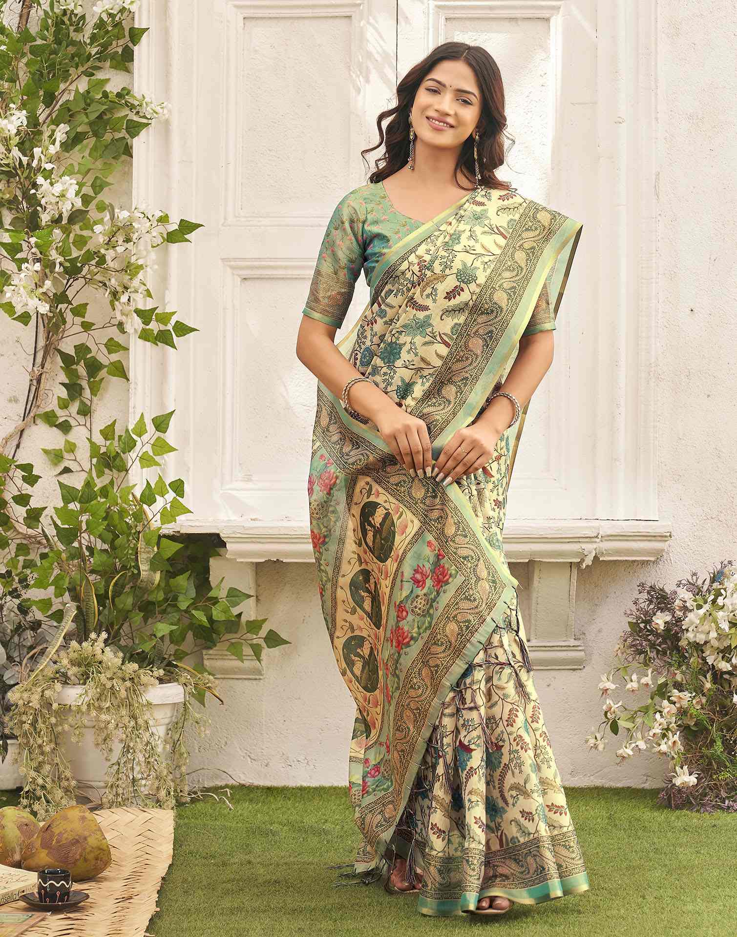 Beige Shimmer Silk Printed Kalamkari SareeĀ - Image 5