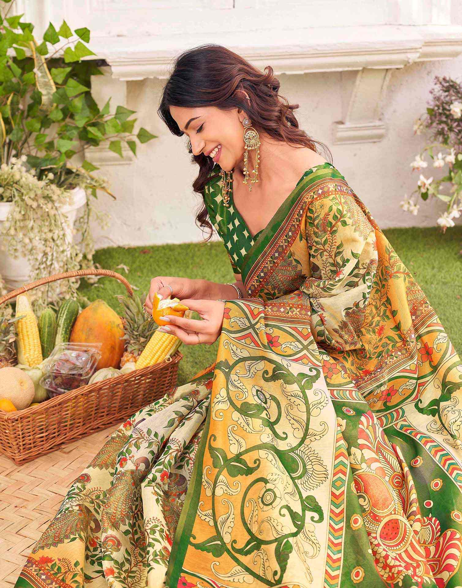 Beige Shimmer Silk Printed Kalamkari SareeĀ