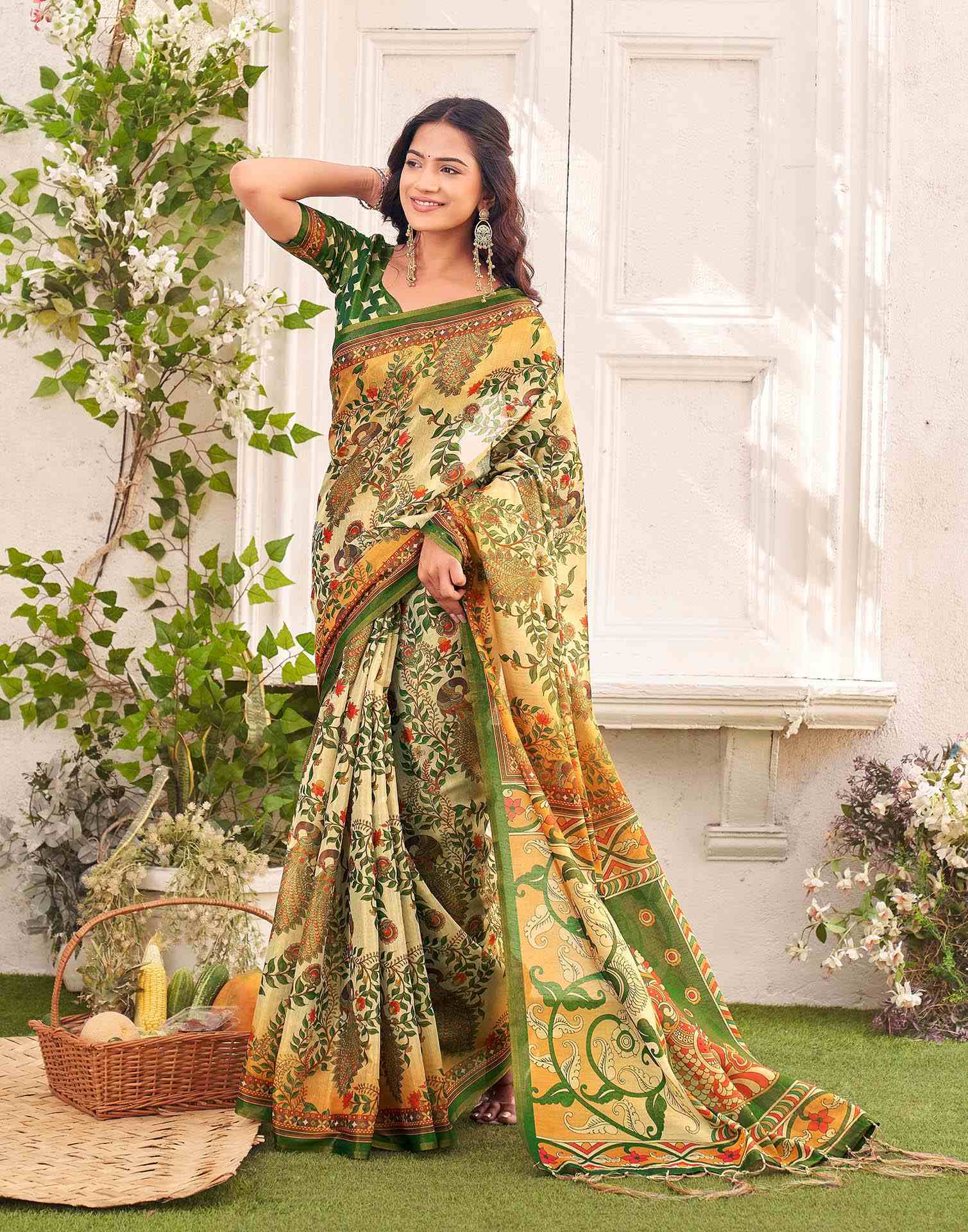 Beige Shimmer Silk Printed Kalamkari SareeĀ - Image 2