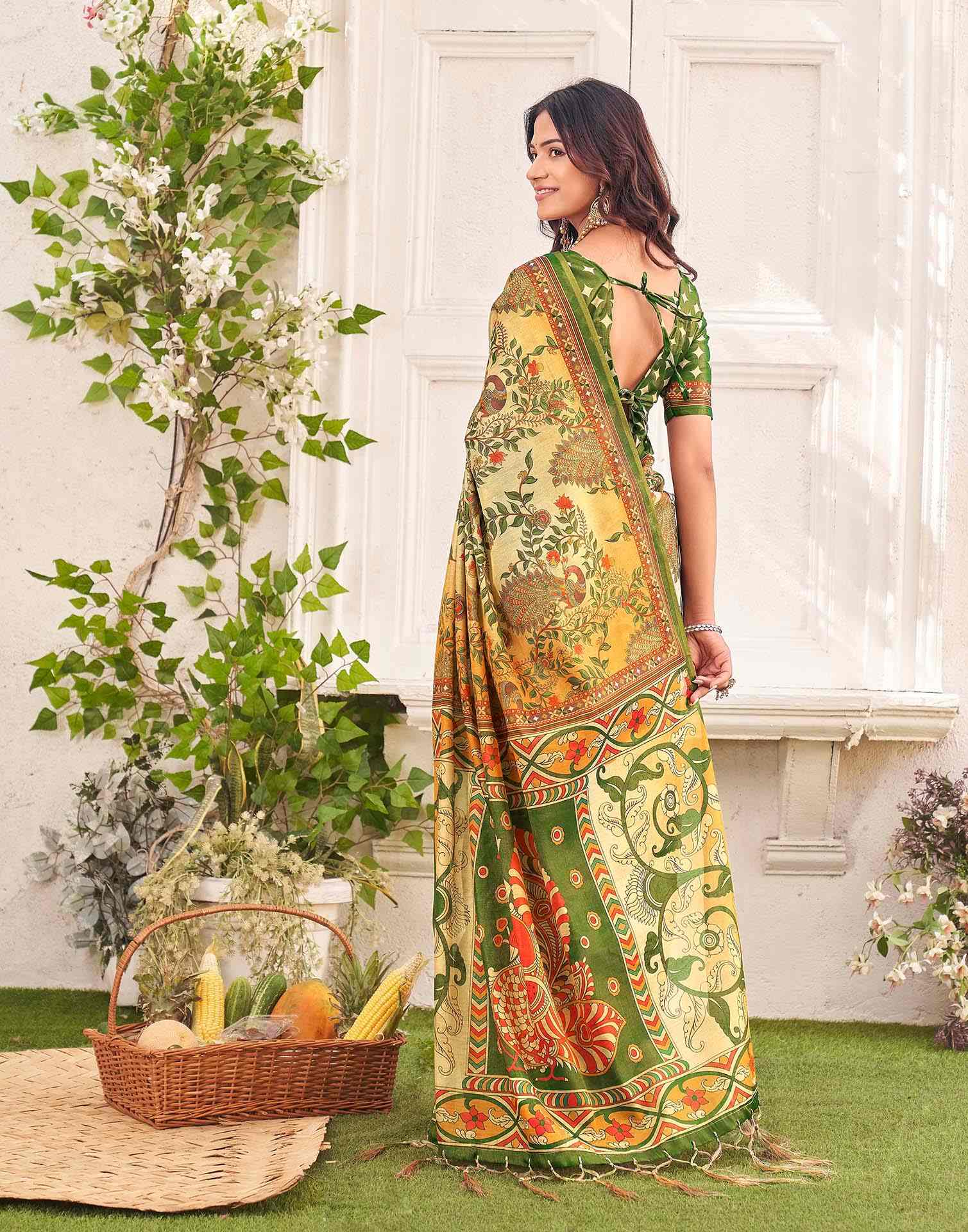 Beige Shimmer Silk Printed Kalamkari SareeĀ - Image 6