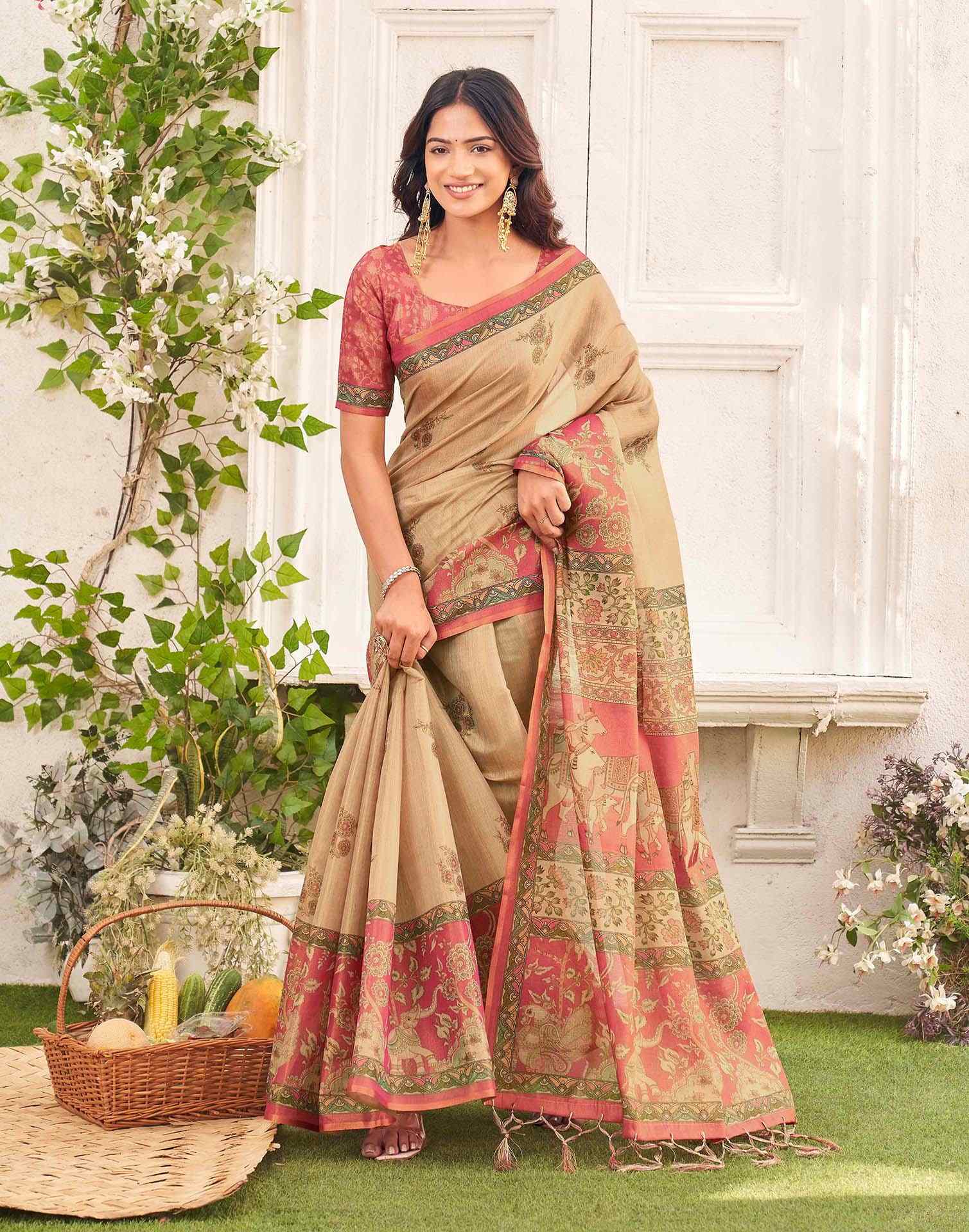 Beige Shimmer Silk Printed Kalamkari SareeĀ