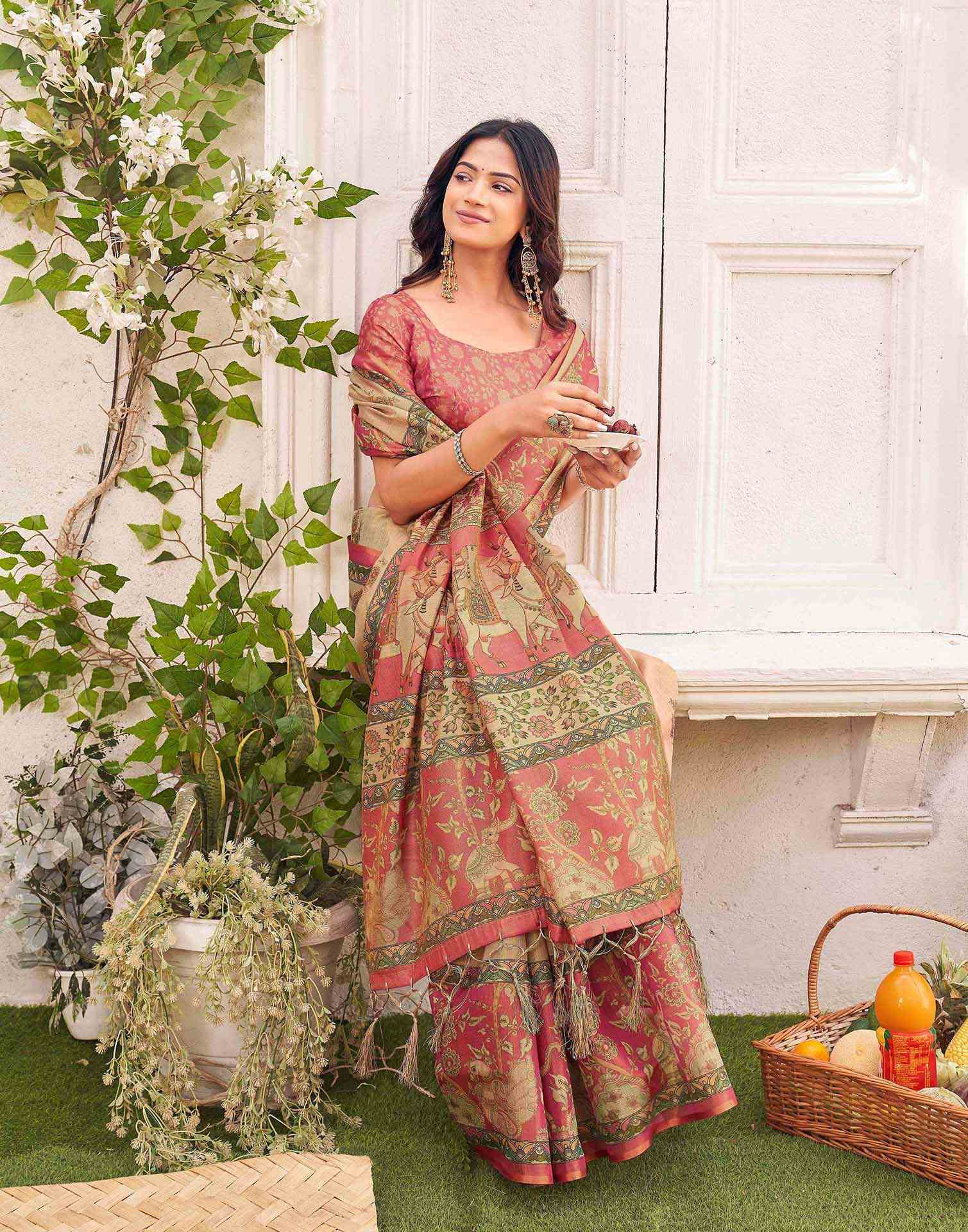 Beige Shimmer Silk Printed Kalamkari SareeĀ - Image 5