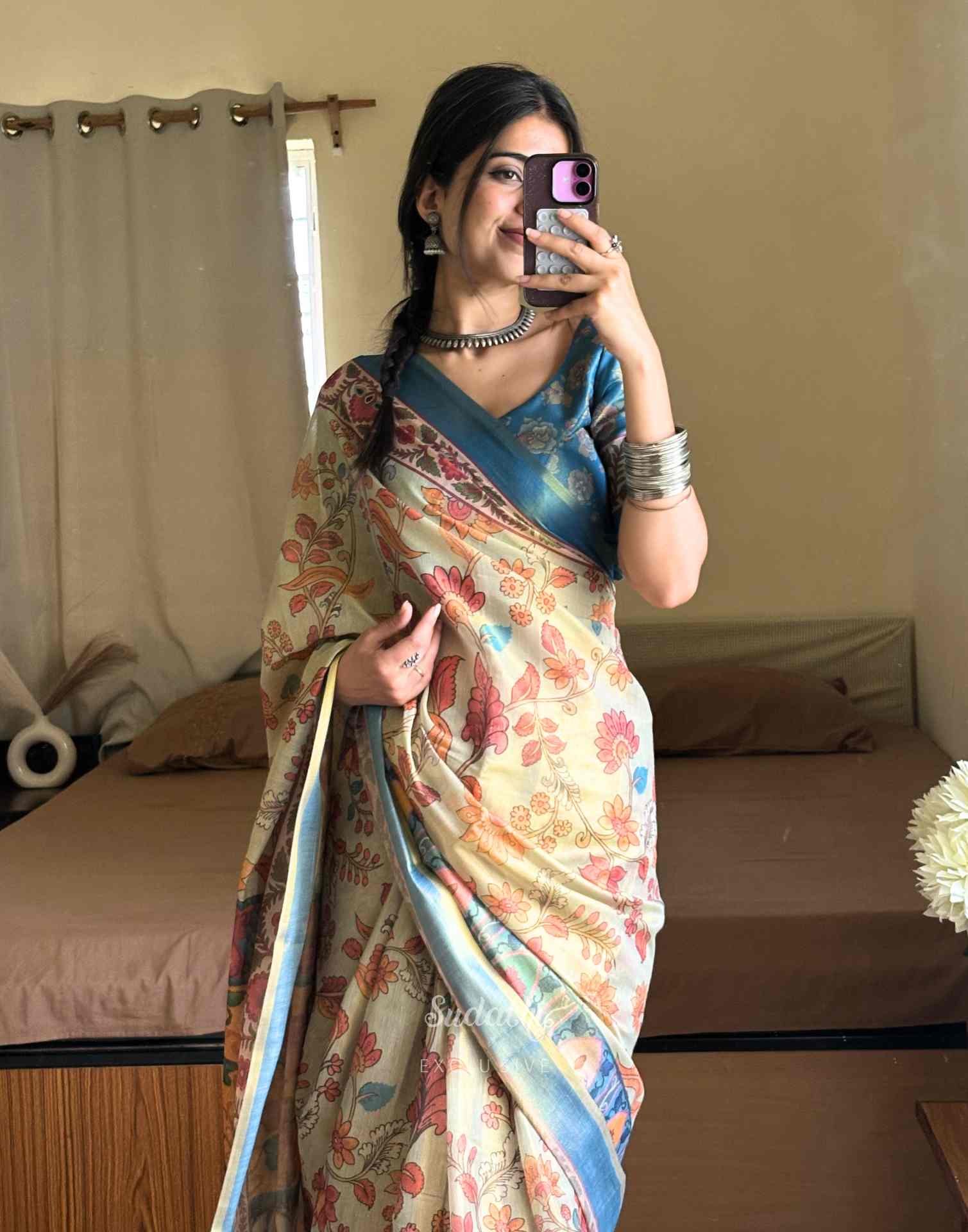 Beige Shimmer Silk Printed Kalamkari SareeĀ